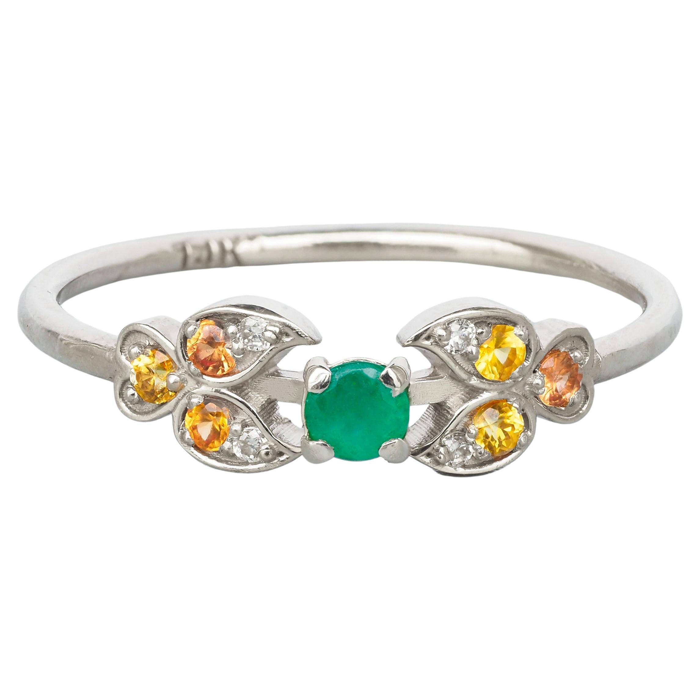 Emerald, Diamonds and Sapphires ring in 14k gold. Tiny ring