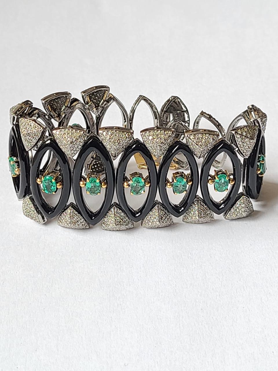 Women's or Men's Emerald, Diamonds & Black Onyx Victorian Bracelet Set in 14K Gold & Silver For Sale