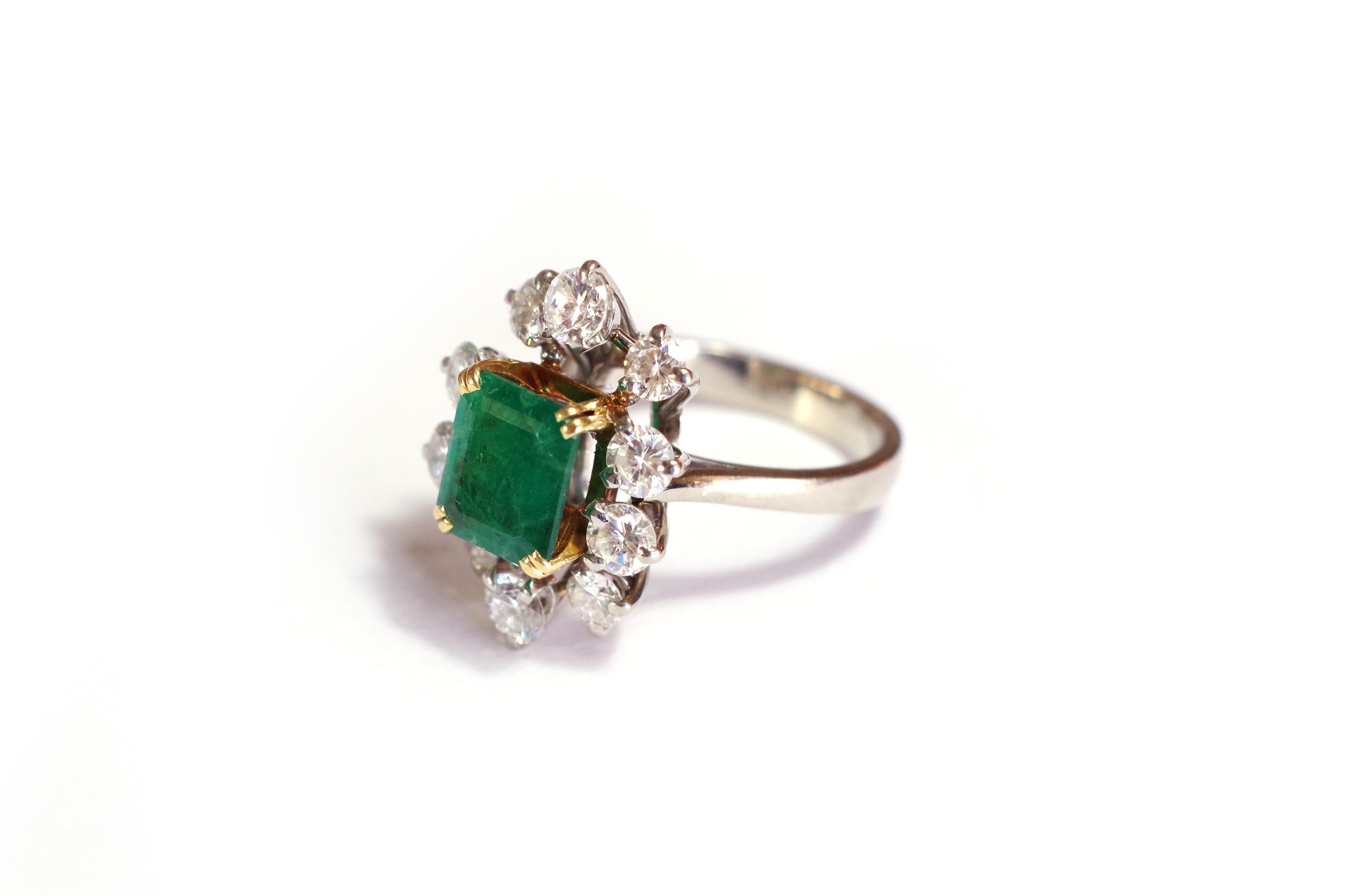 Emerald Cut Emerald Diamonds Cluster Ring in White 18 Karats Gold and Platinum