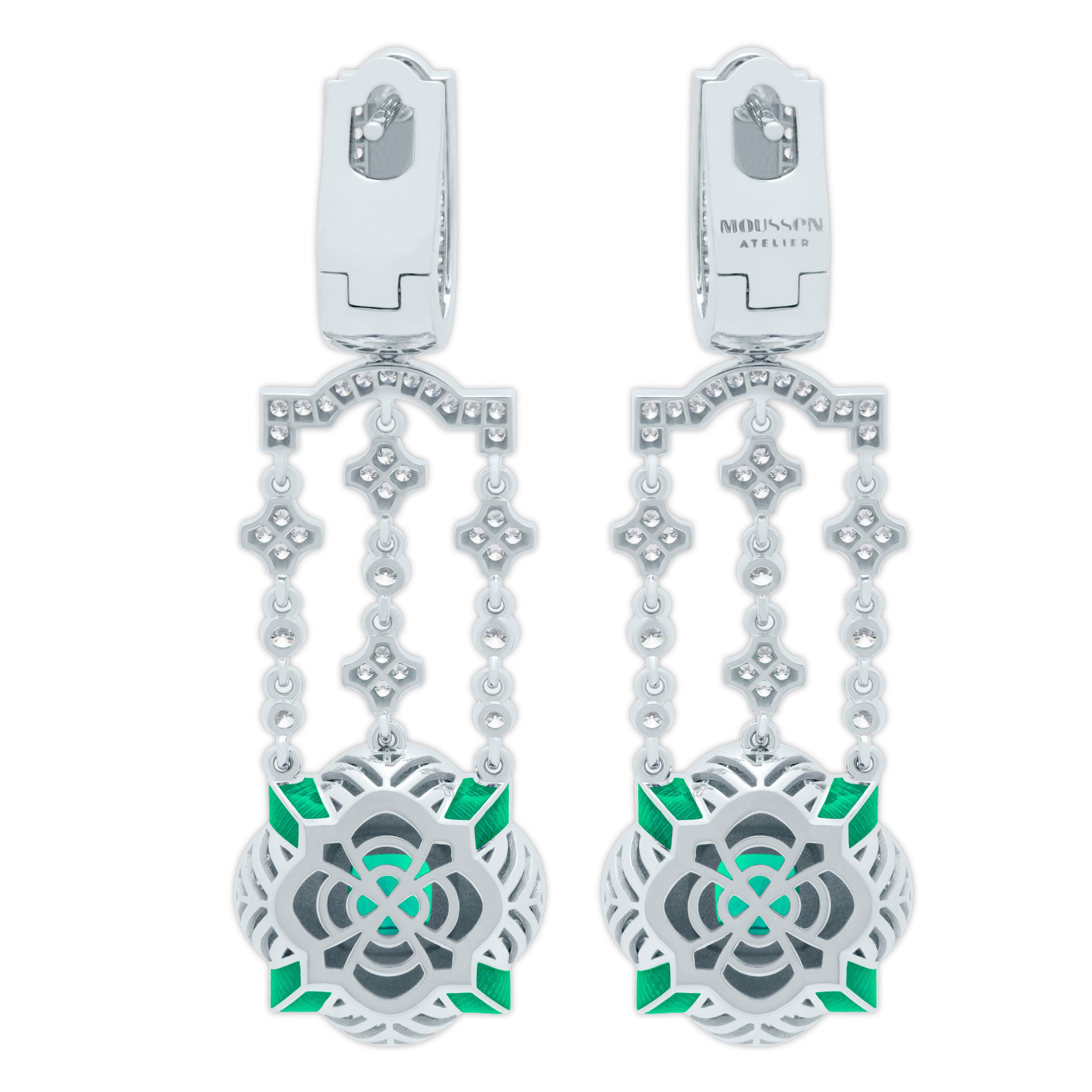 Emeralds Diamonds Enamel 18K White Gold Earrings
Designers again beat our trademark 