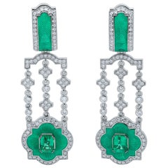 Emerald Diamonds Enamel 18 Karat White Gold Earrings
