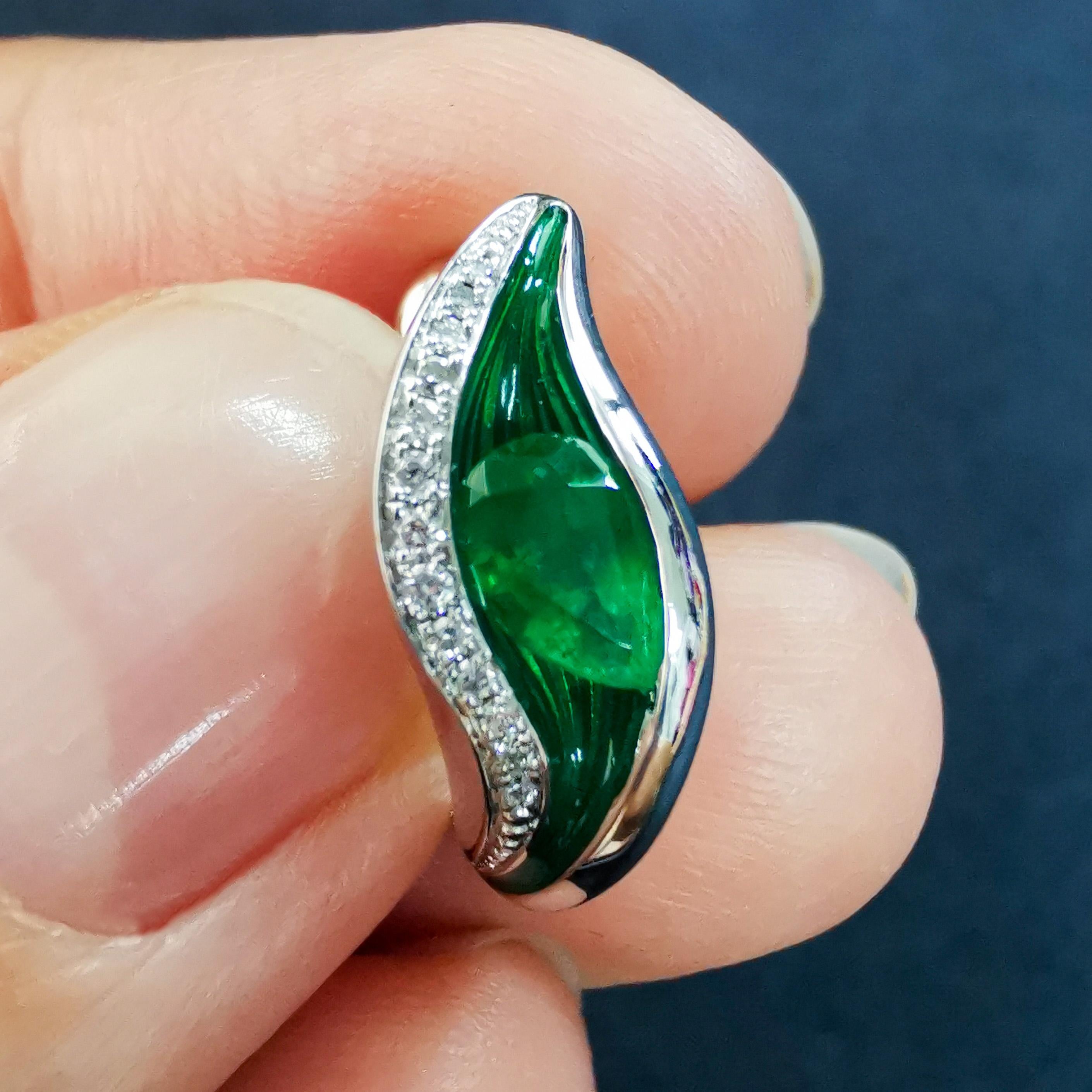 Pear Cut Emerald Diamonds Enamel 18 Karat White Gold Melted Colors Earrings For Sale