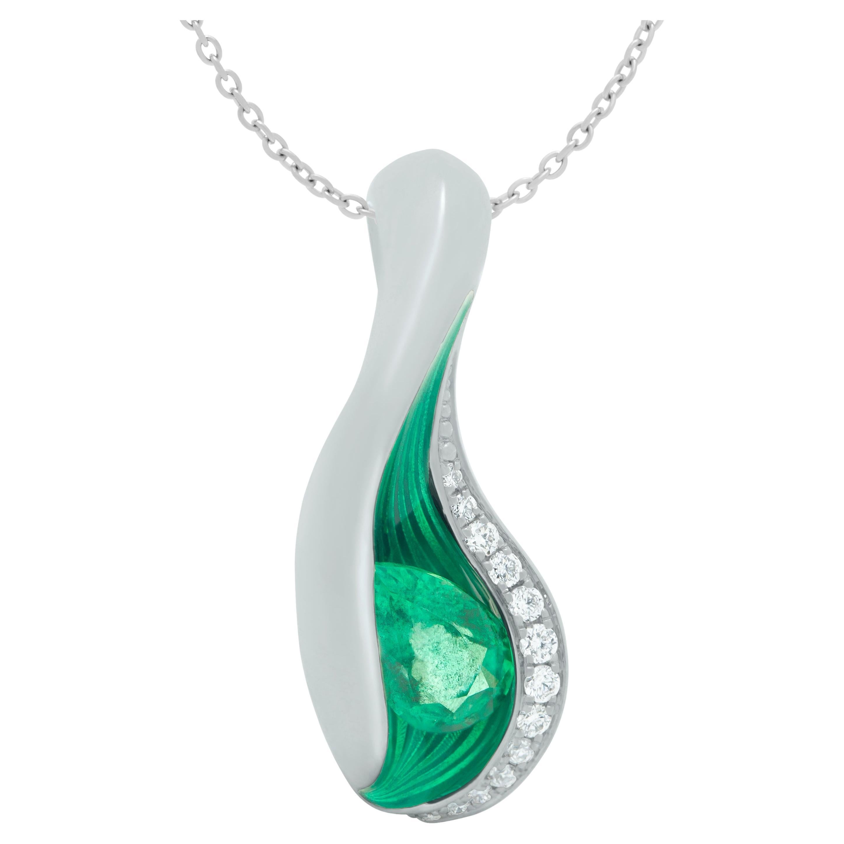 Emerald Diamonds Enamel 18 Karat White Gold Melted Colors Pendant For Sale