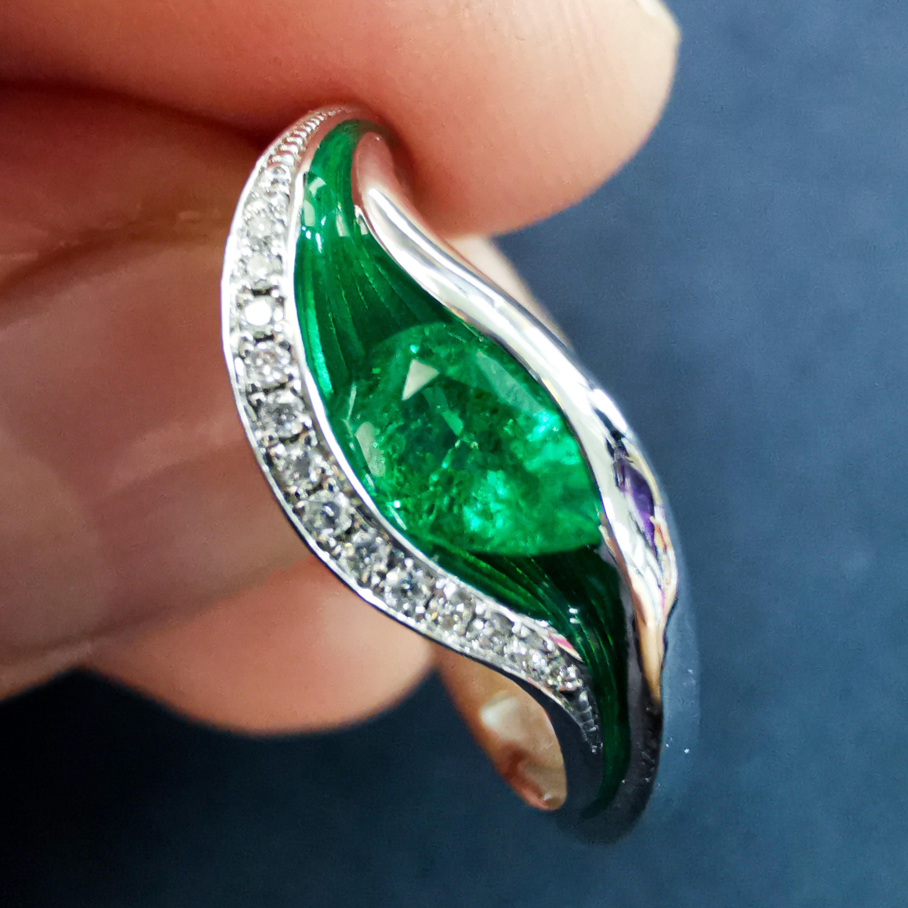 Contemporary Emerald Diamonds Enamel 18 Karat White Gold Melted Colors Ring