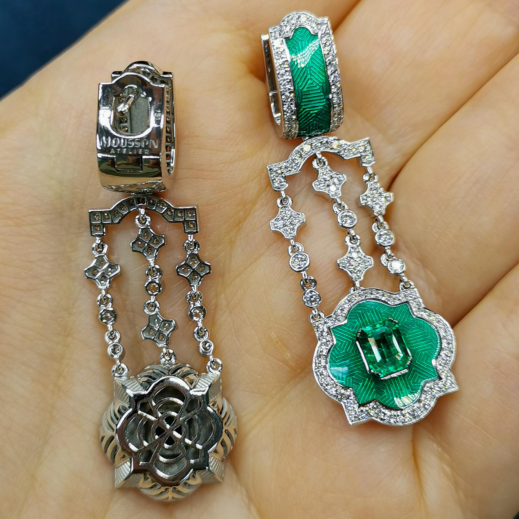 Contemporary Emerald Diamonds Enamel 18 Karat White Gold Earrings For Sale