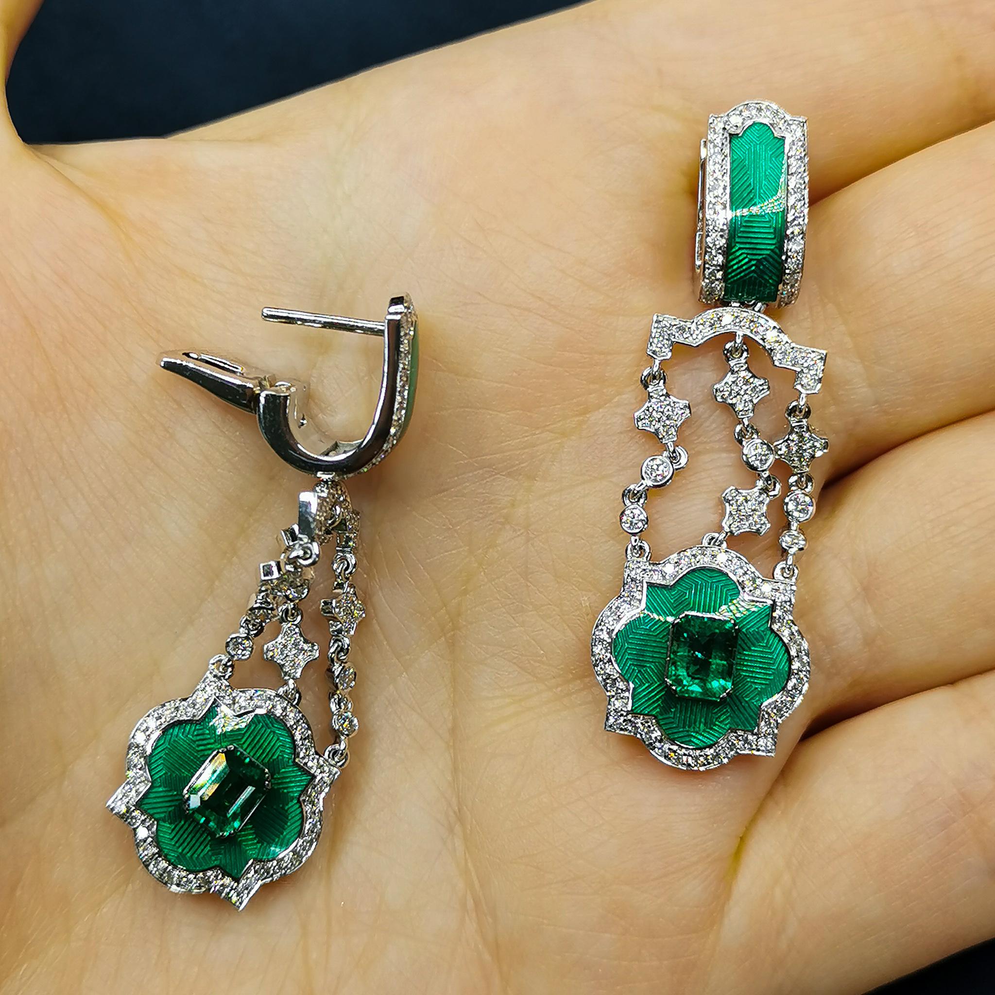 Emerald Cut Emerald Diamonds Enamel 18 Karat White Gold Earrings For Sale