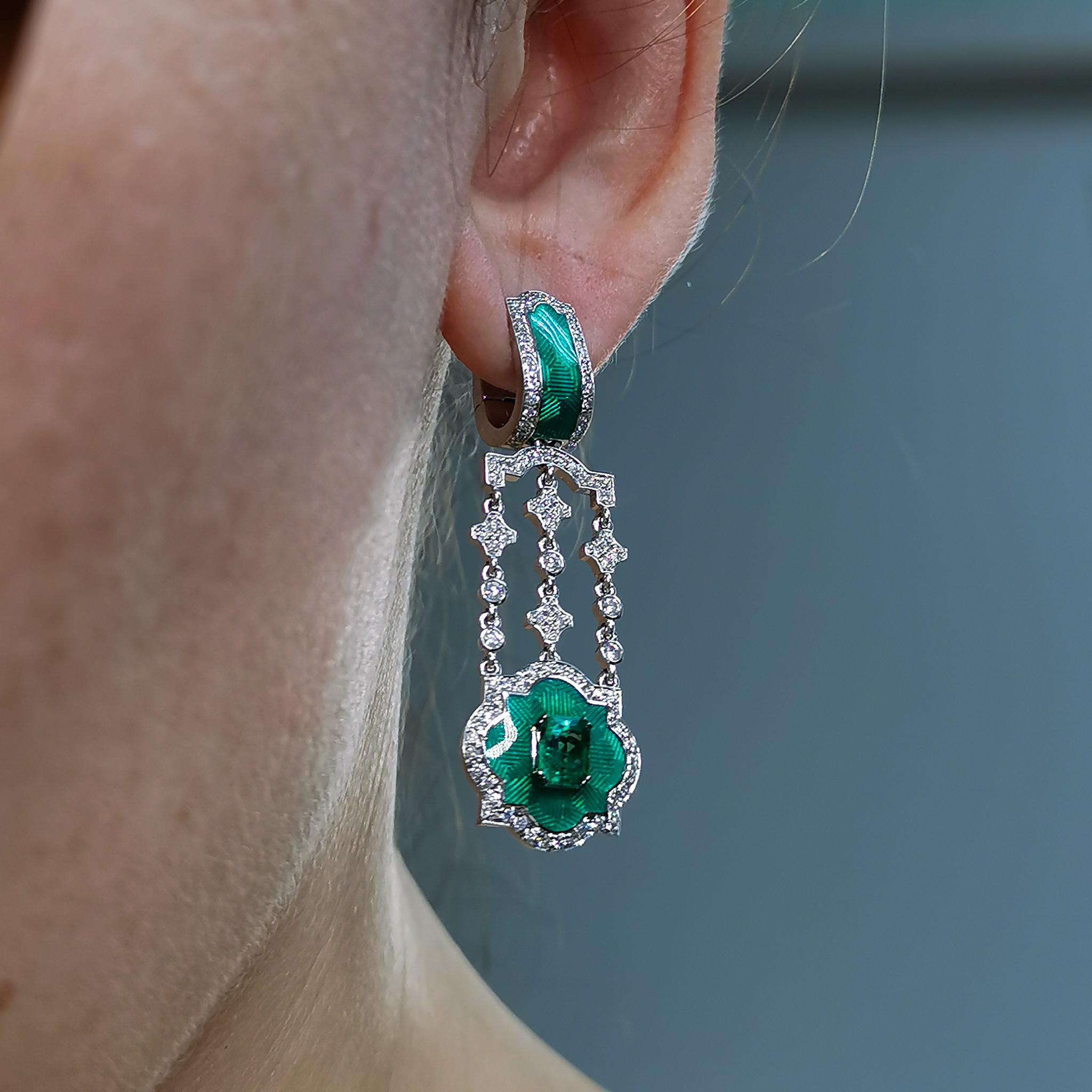 Women's Emerald Diamonds Enamel 18 Karat White Gold Earrings For Sale