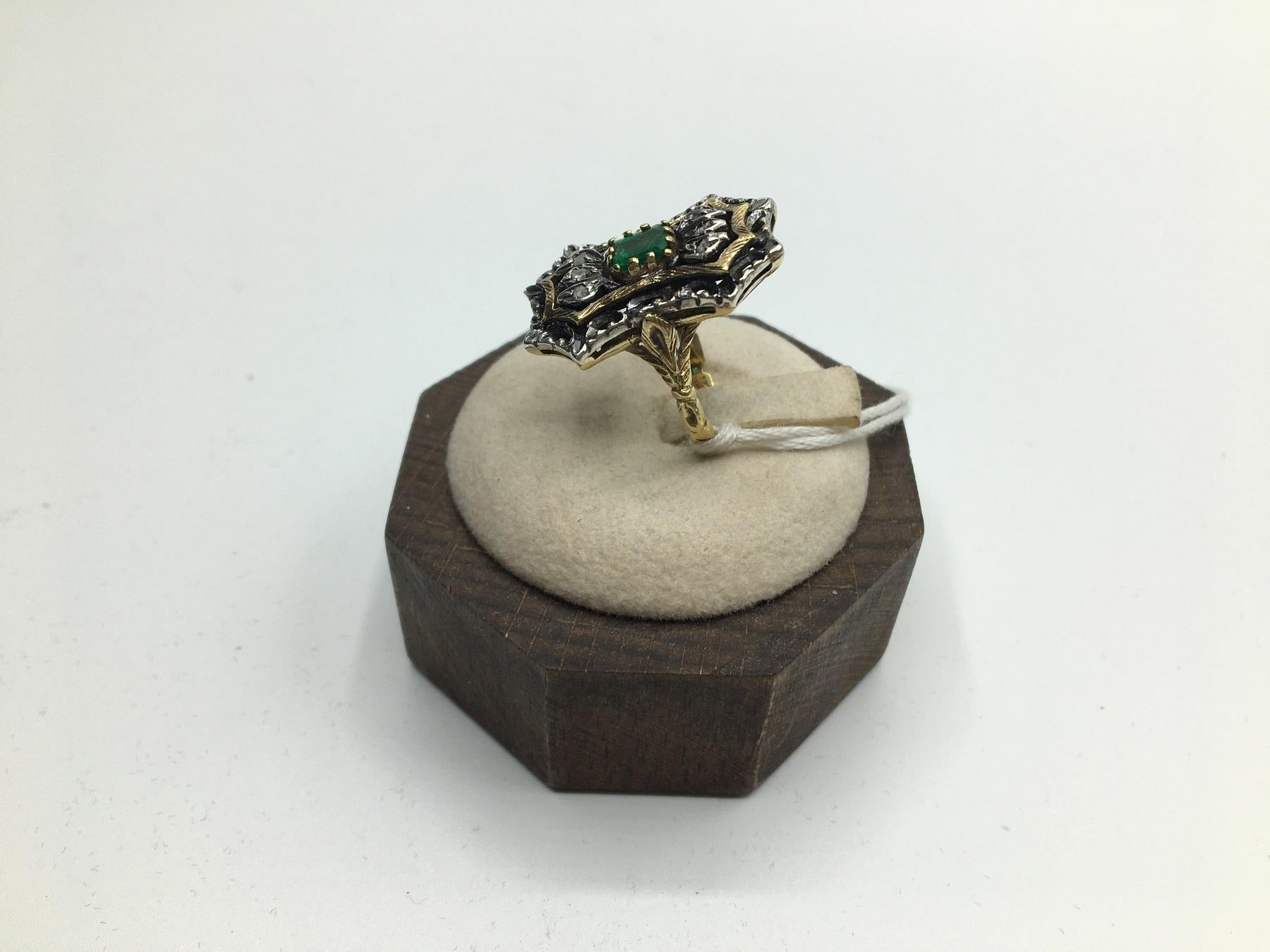 Women's Emerald Diamonds Gold and Silver Dome Cocktail Ring, 1980s For Sale