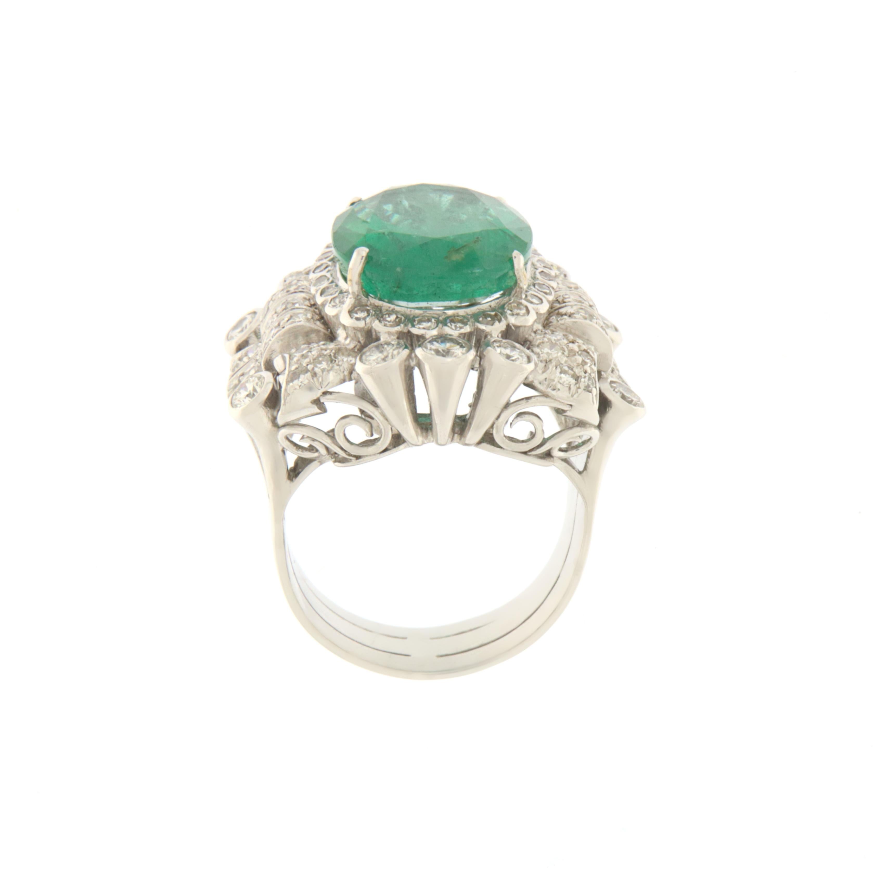 Artisan Emerald Diamonds Platinum Cocktail Ring