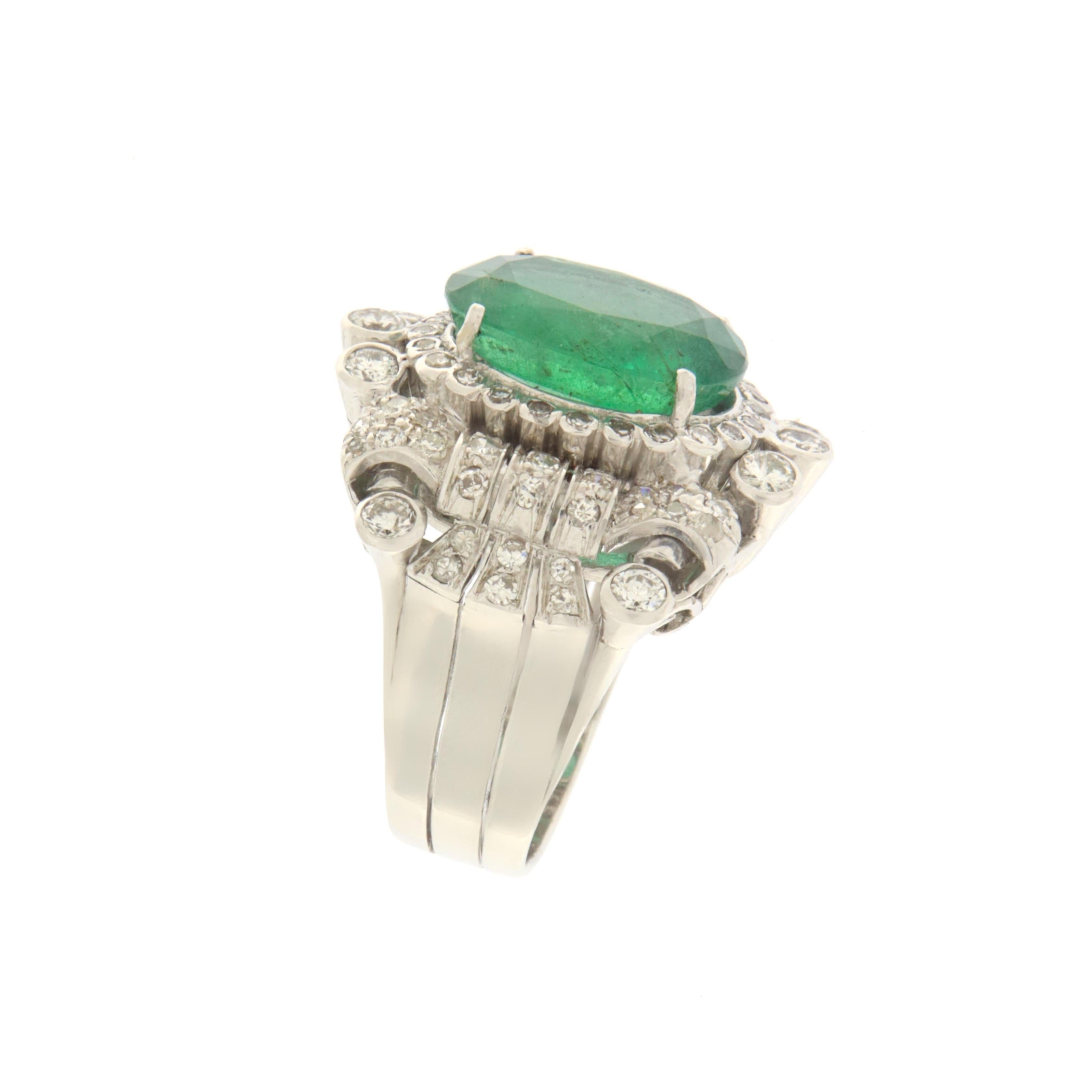Emerald Diamonds Platinum Cocktail Ring In New Condition In Marcianise, IT