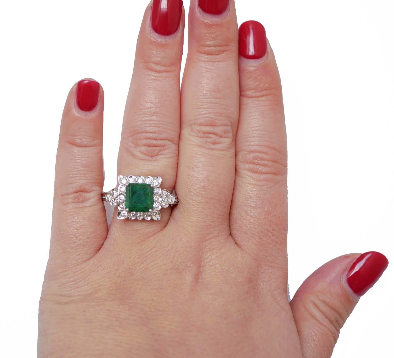 Mixed Cut Emerald, Diamonds, Platinum Ring. For Sale