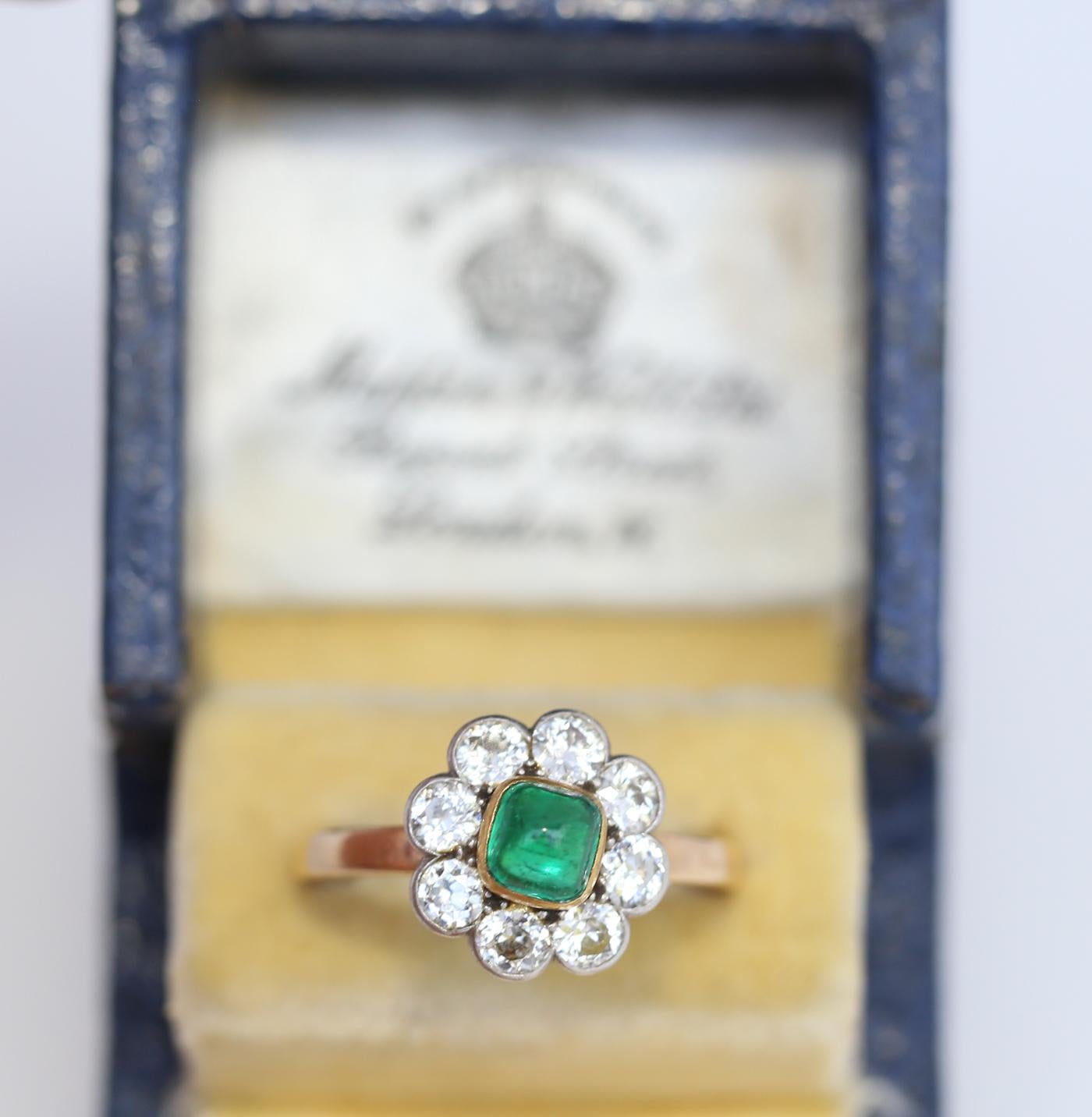 Emerald Diamonds Ring Victorian Original Box Mappin Webb Yellow Gold, 1890 5