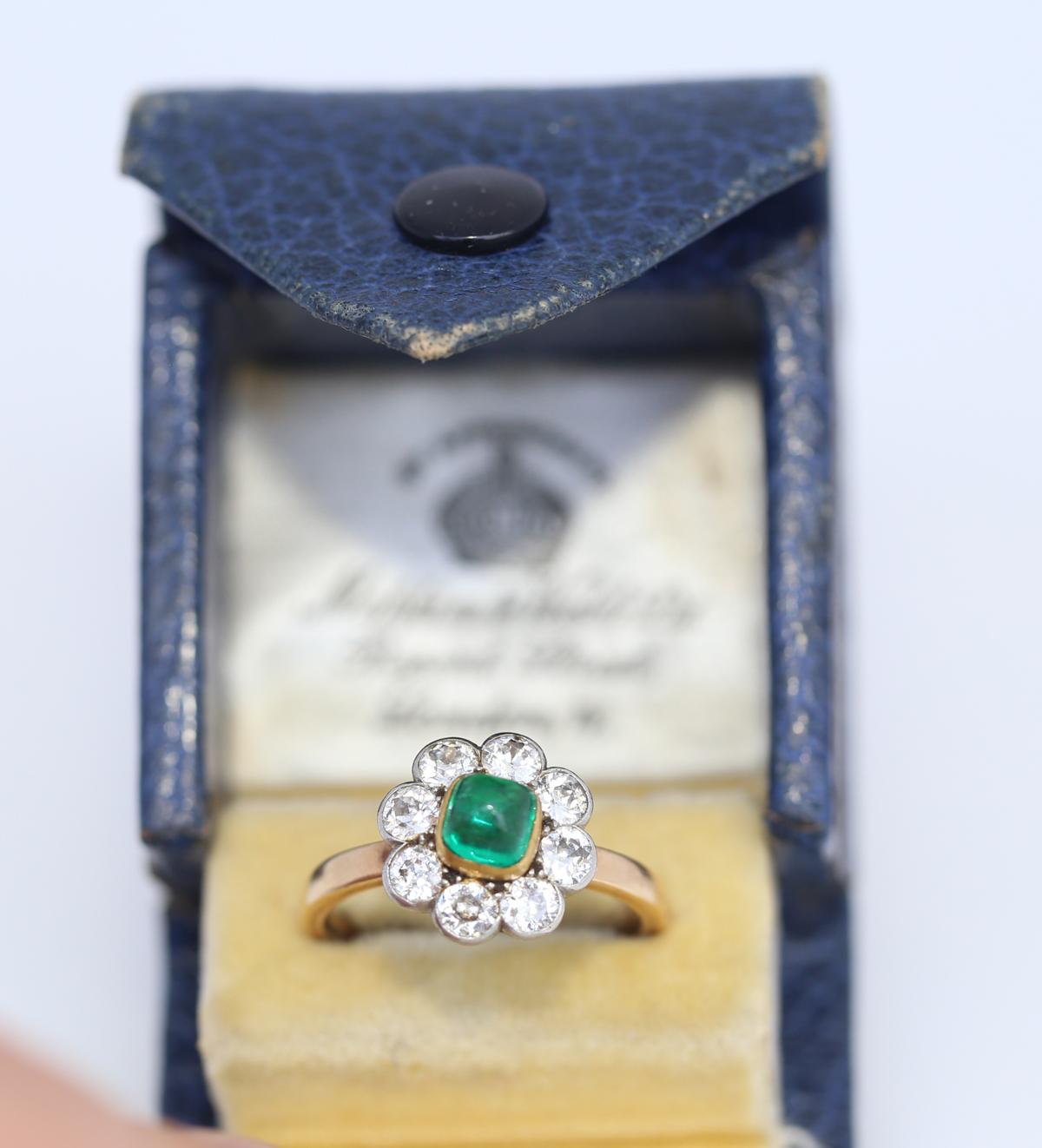 Emerald Diamonds Ring Victorian Original Box Mappin Webb Yellow Gold, 1890 2