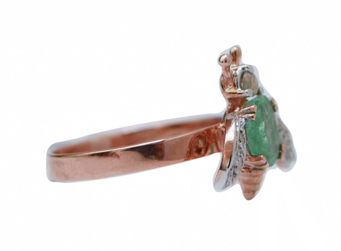 Fashion fly ring in 9 kt rose gold and silver structure mounted with a diamond on the head; the body is mounted with an emerald and the wings are studded with diamonds.
Diamonds 0.19 ct
Emerald 0.80 ct
Total Weight 2.60 gr
RF   *HCO
Italian Size