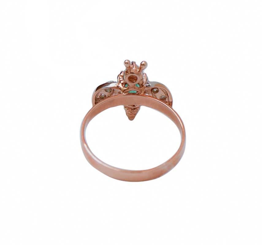 Retro Emerald, Diamonds, Rose Gold and Silver Fly Ring. For Sale