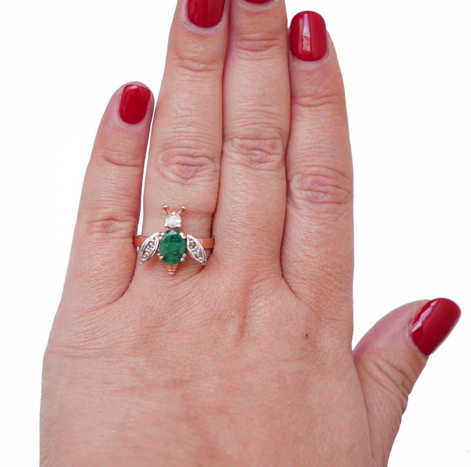 Mixed Cut Emerald, Diamonds, Rose Gold and Silver Fly Ring. For Sale