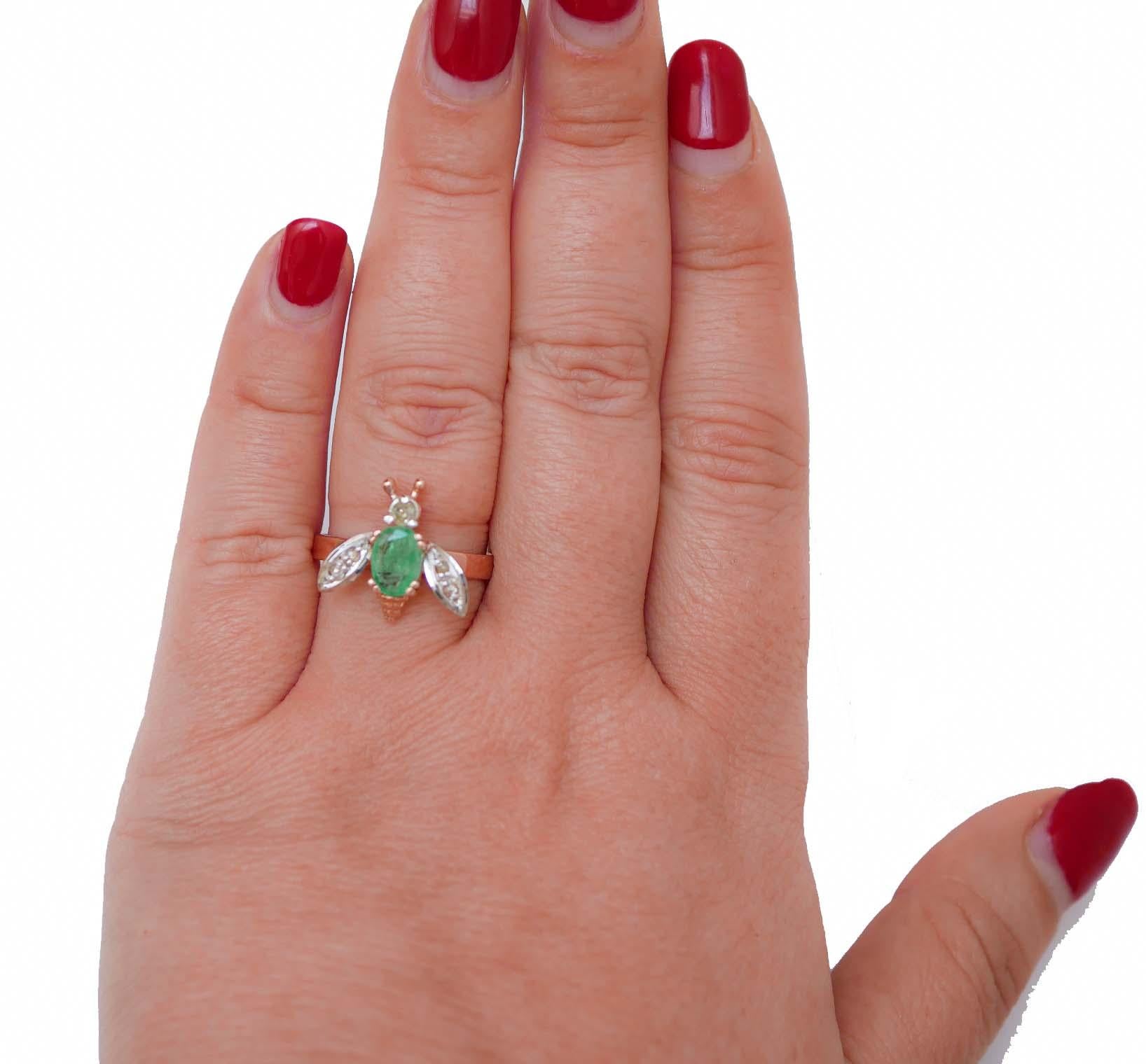 Mixed Cut Emerald, Diamonds, Rose Gold and Silver Fly Ring. For Sale