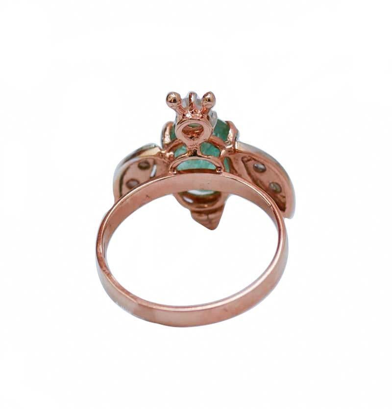 Retro Emerald, Diamonds, Rose Gold and Silver Fly Shape Ring. For Sale