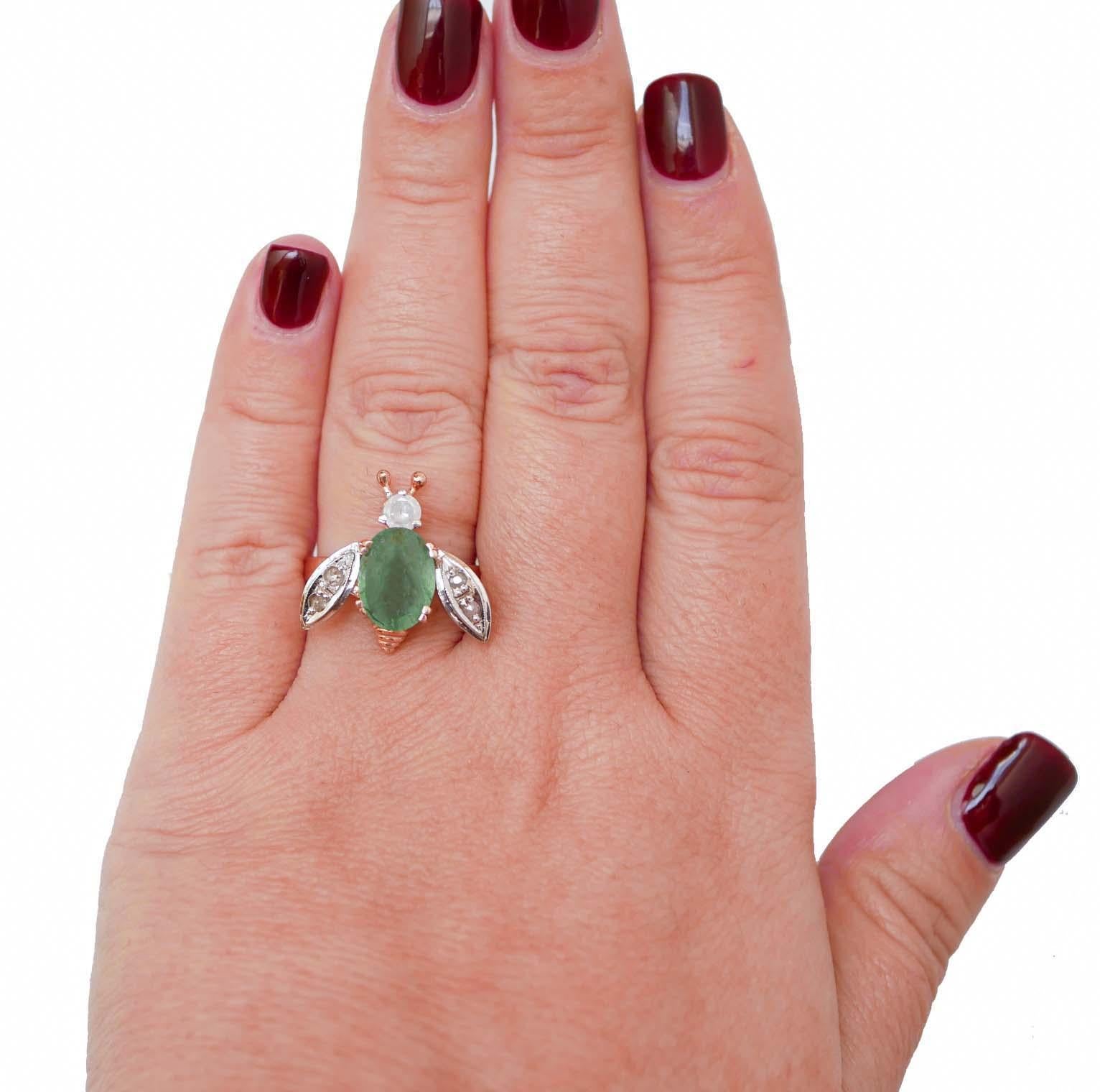 Mixed Cut Emerald, Diamonds, Rose Gold and Silver Fly Shape Ring. For Sale
