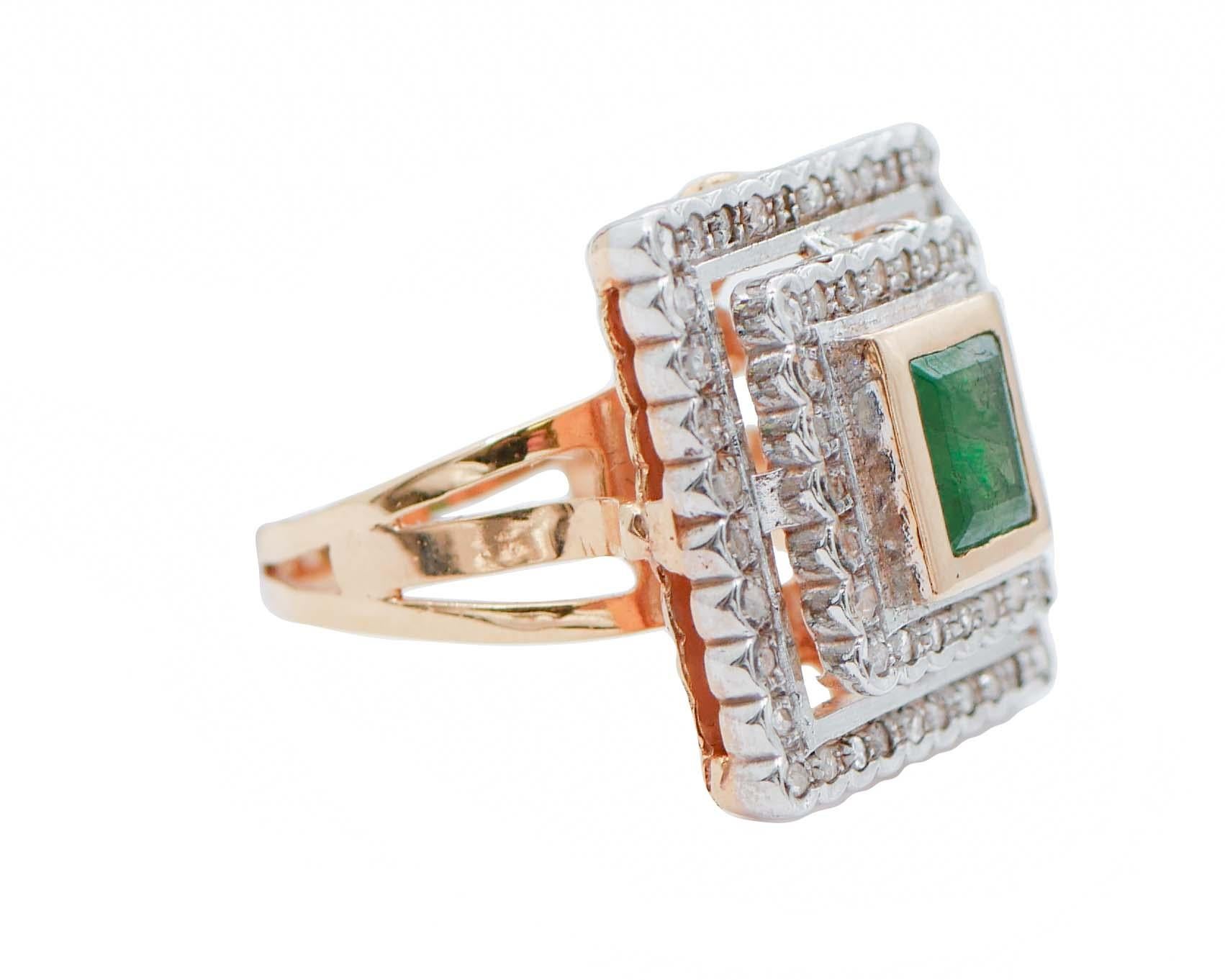 SHIPPING POLICY: 
No additional costs will be added to this order. 
Shipping costs will be totally covered by the seller (customs duties included).

Fantastic retrò ring in 9 karat rose gold and silver structure mounted with a central emerald