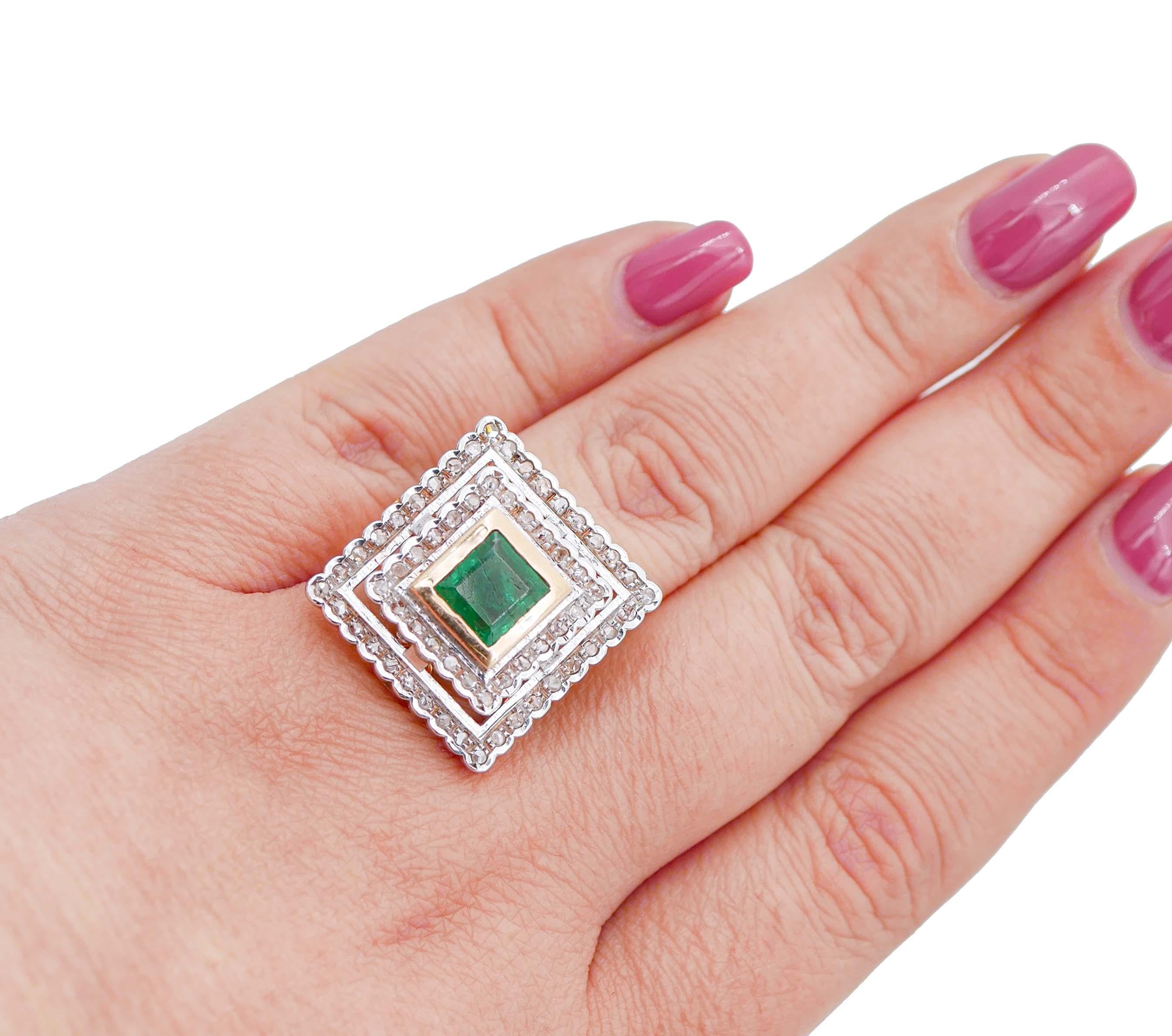 Emerald, Diamonds, Rose Gold and Silver Retrò Ring In Good Condition In Marcianise, Marcianise (CE)