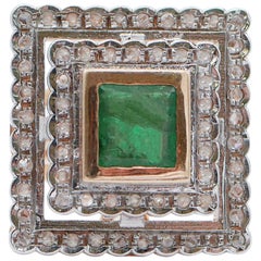 Emerald, Diamonds, Rose Gold and Silver Retrò Ring
