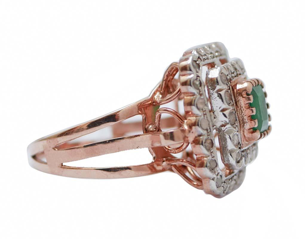 Retrò ring in 9 kt rose gold and silver structure mounted with a central emerald surrounded by a frame of diamonds.
This ring was totally handmade by Italian master goldsmiths and it is in perfect conditions.
Diamonds 0.47 ct
Emerald 0.78 ct
Total