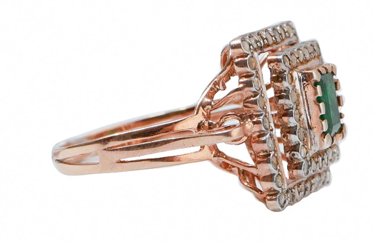 Fantastic ring in 9 kt rose gold and silver structure mounted with a central emerald surrounded by diamonds.
This ring was totally handmade by Italian master goldsmiths and it is in perfect conditions.
Diamonds 0.52 ct
Emerald 0.78 ct
Total Weight