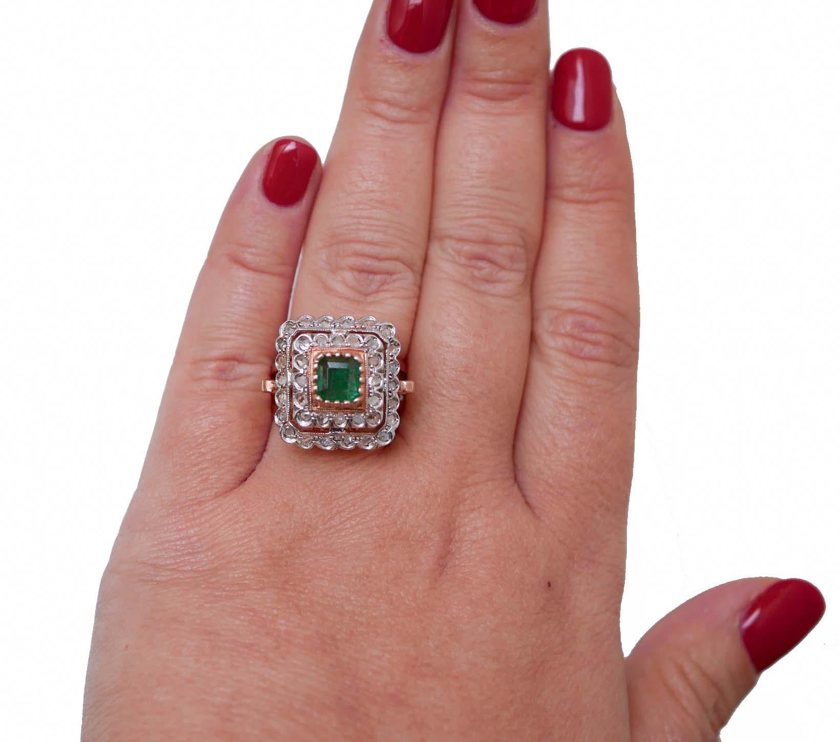 Mixed Cut Emerald, Diamonds, Rose Gold and Silver Ring.