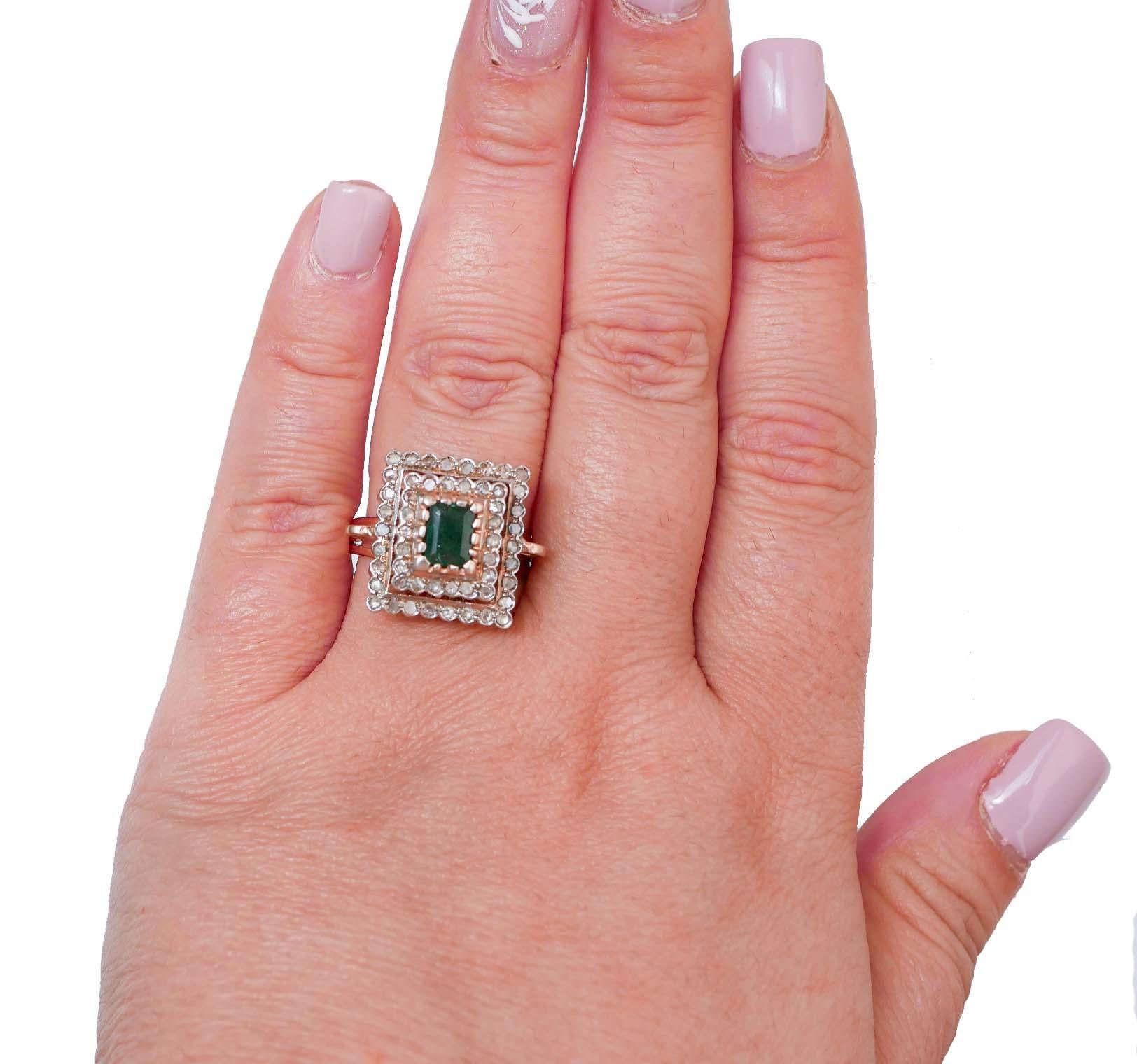 Taille mixte Emerald, Diamonds, Rose Gold and Silver Ring. en vente