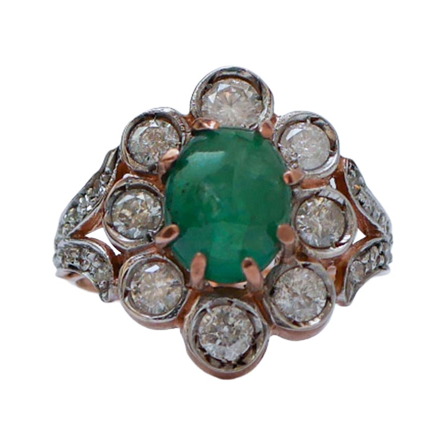 Emerald, Diamonds, Rose Gold and Silver Ring.