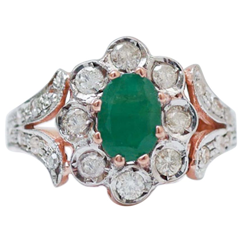 Emerald, Diamonds, Rose Gold and Silver Ring. For Sale