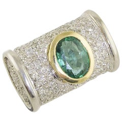 Vintage Emerald Diamonds White and Yellow Gold Cocktail Ring