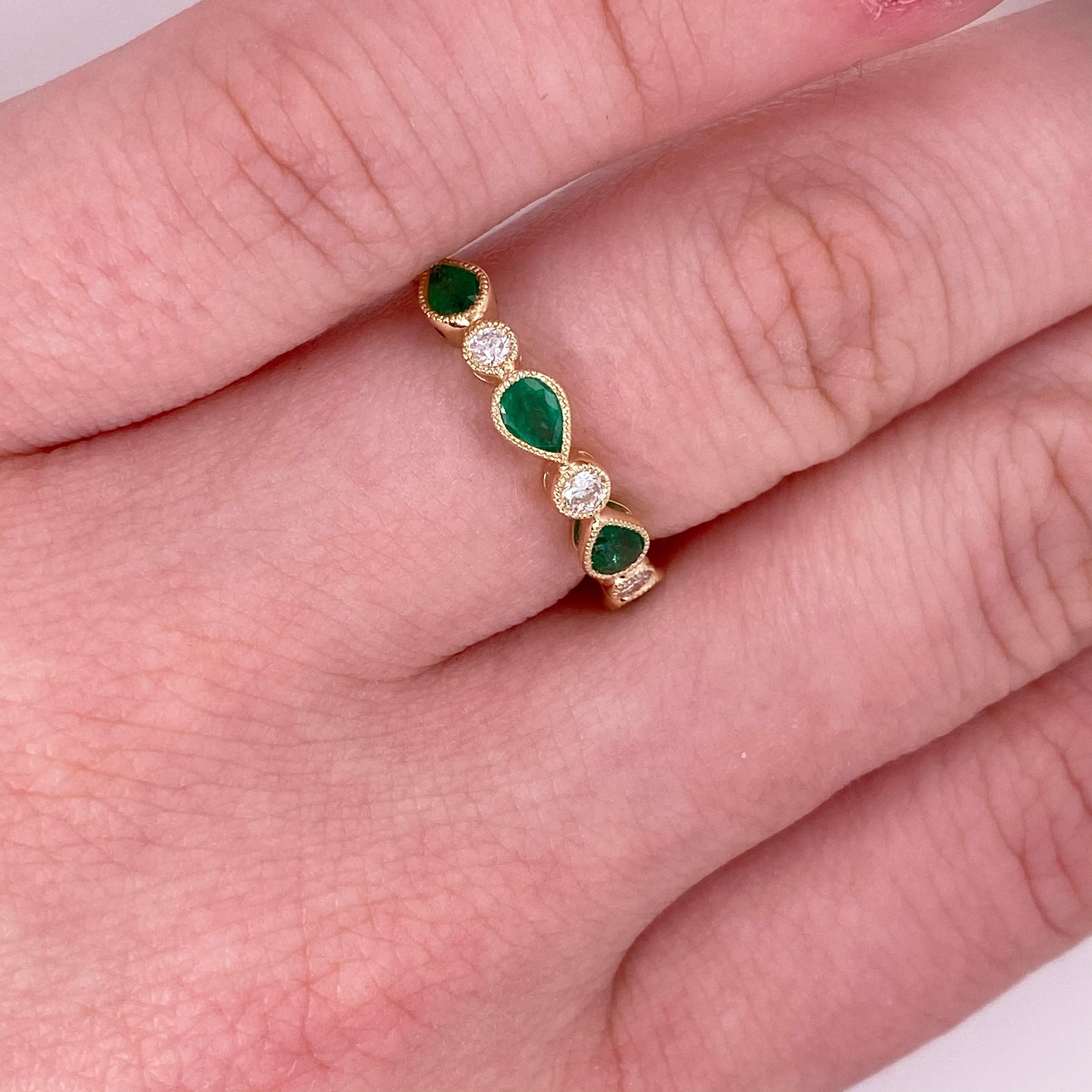 Modern Emerald Diamond Band Ring, Green Emeralds .7 Carats Natural Gemstones Band