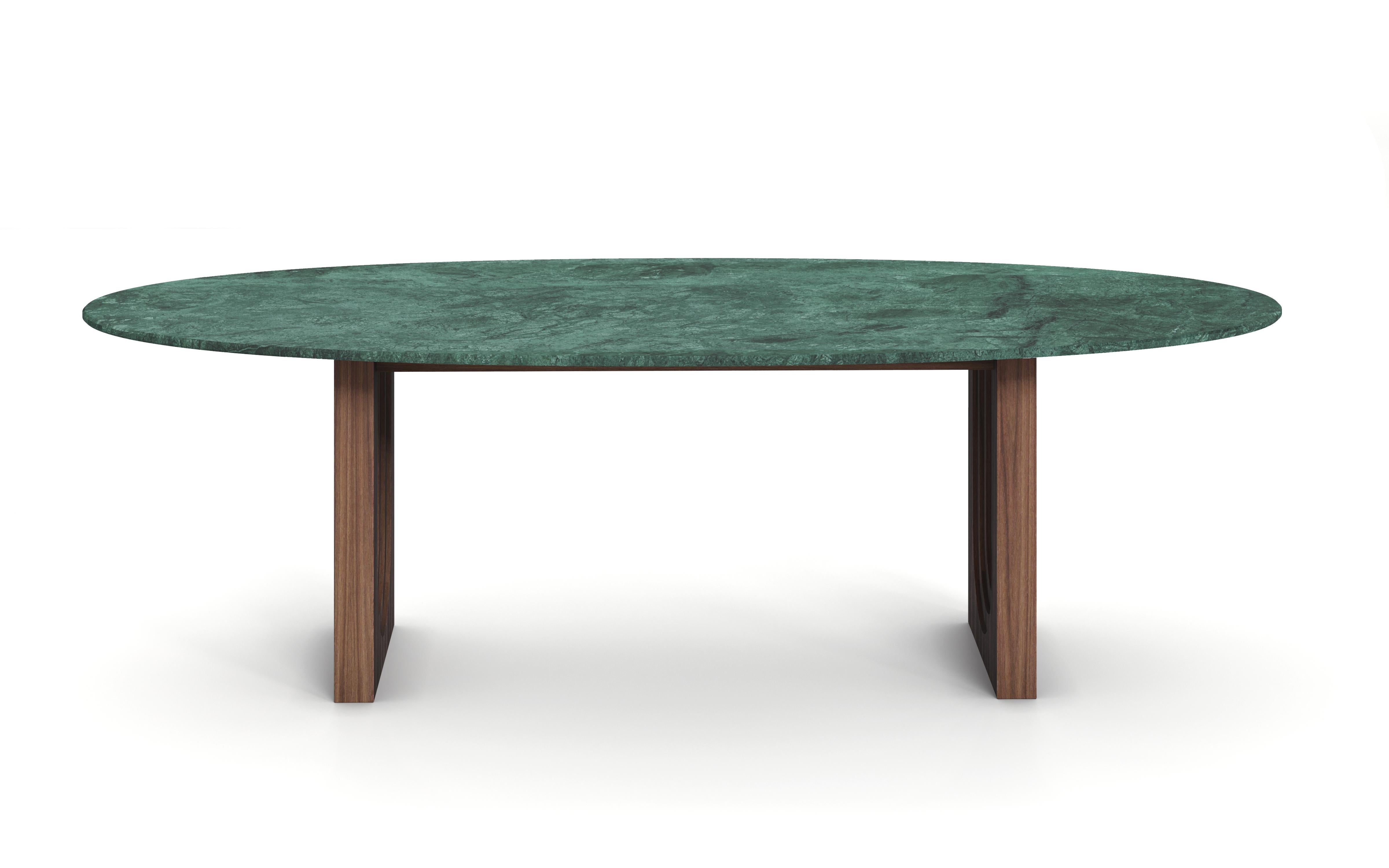 Emerald Dining Table by Nolita Harbour - Marble Top with Walnut Base and Rattan en vente