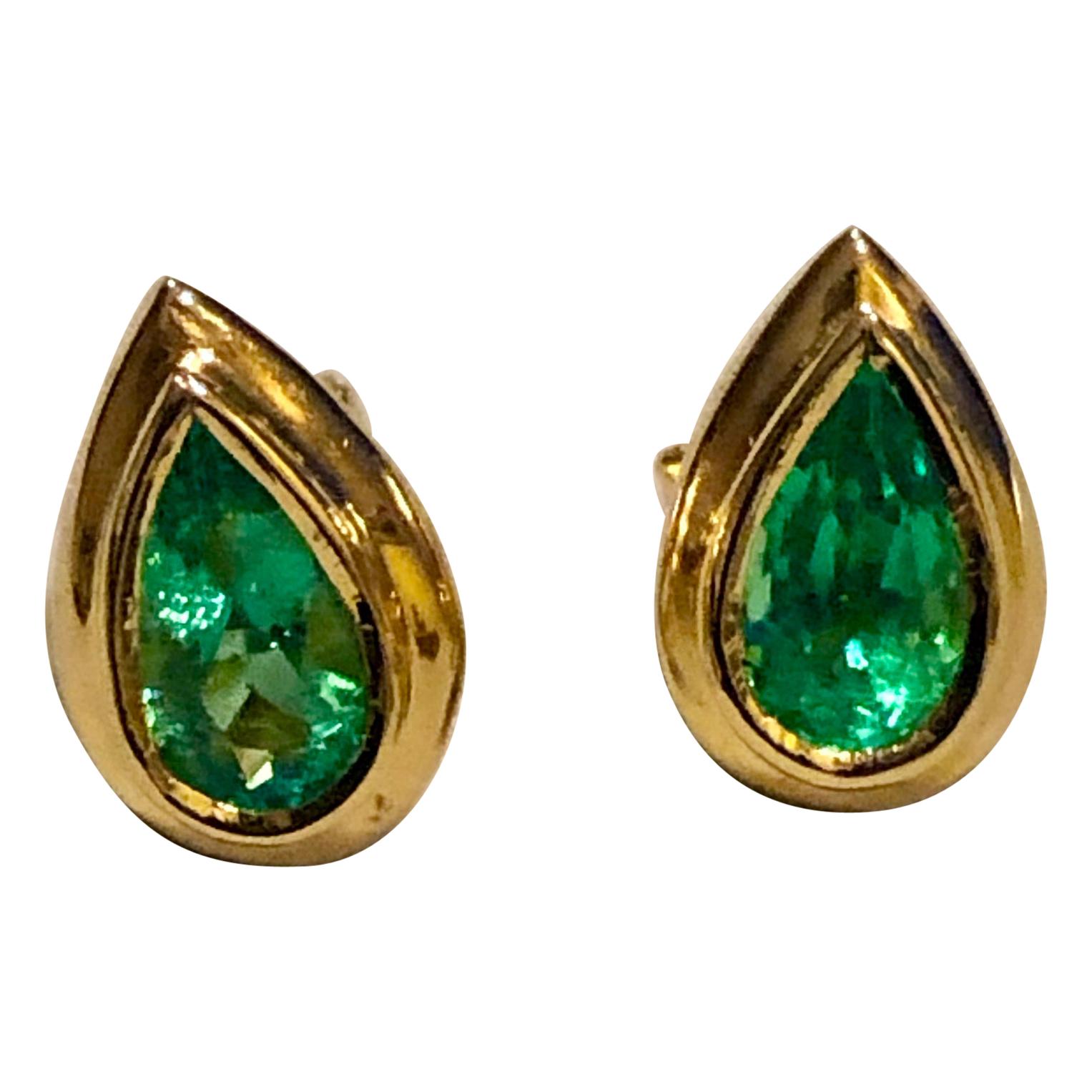 Emerald Dome Stud Pear Cut Earrings 18 Karat Gold