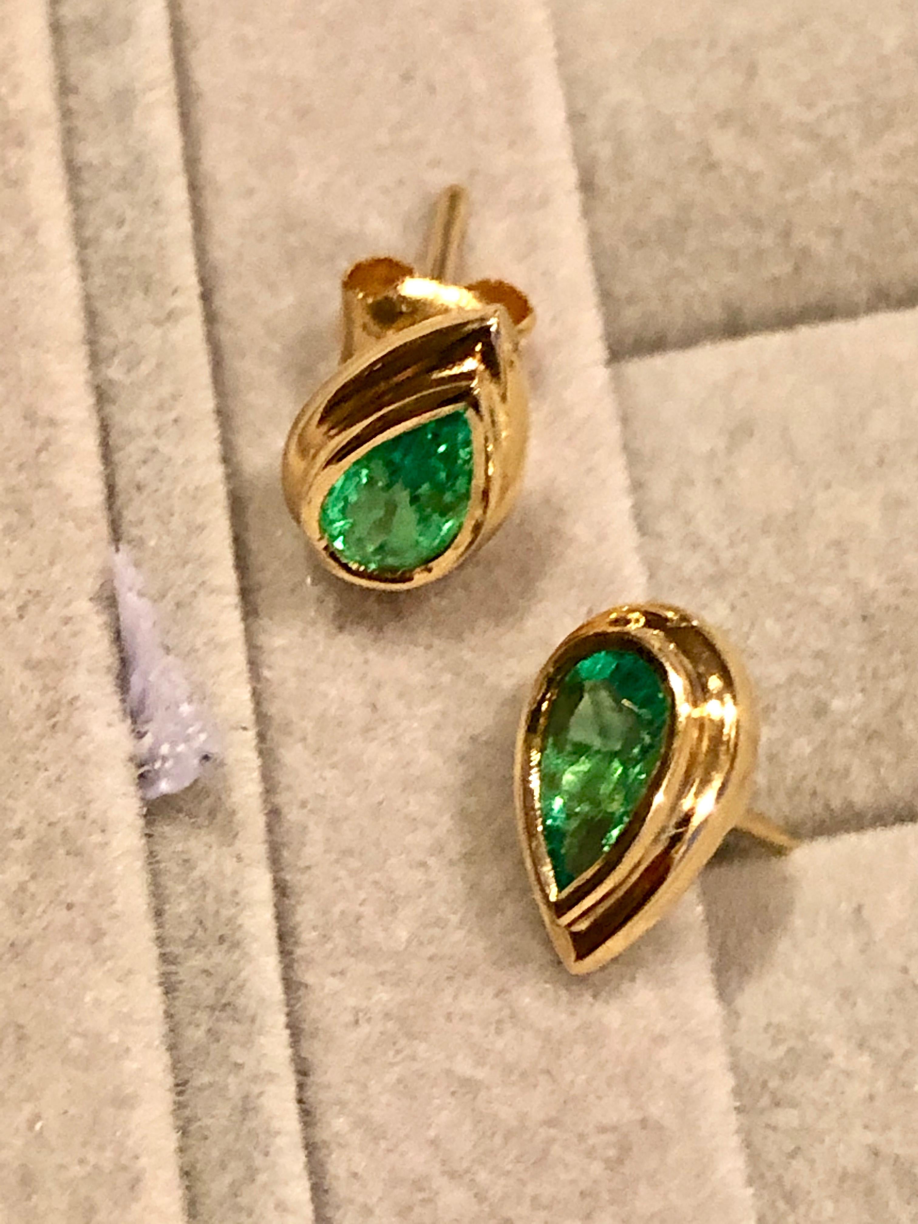 Women's Emerald Dome Stud Pear Cut Earrings 18 Karat Gold