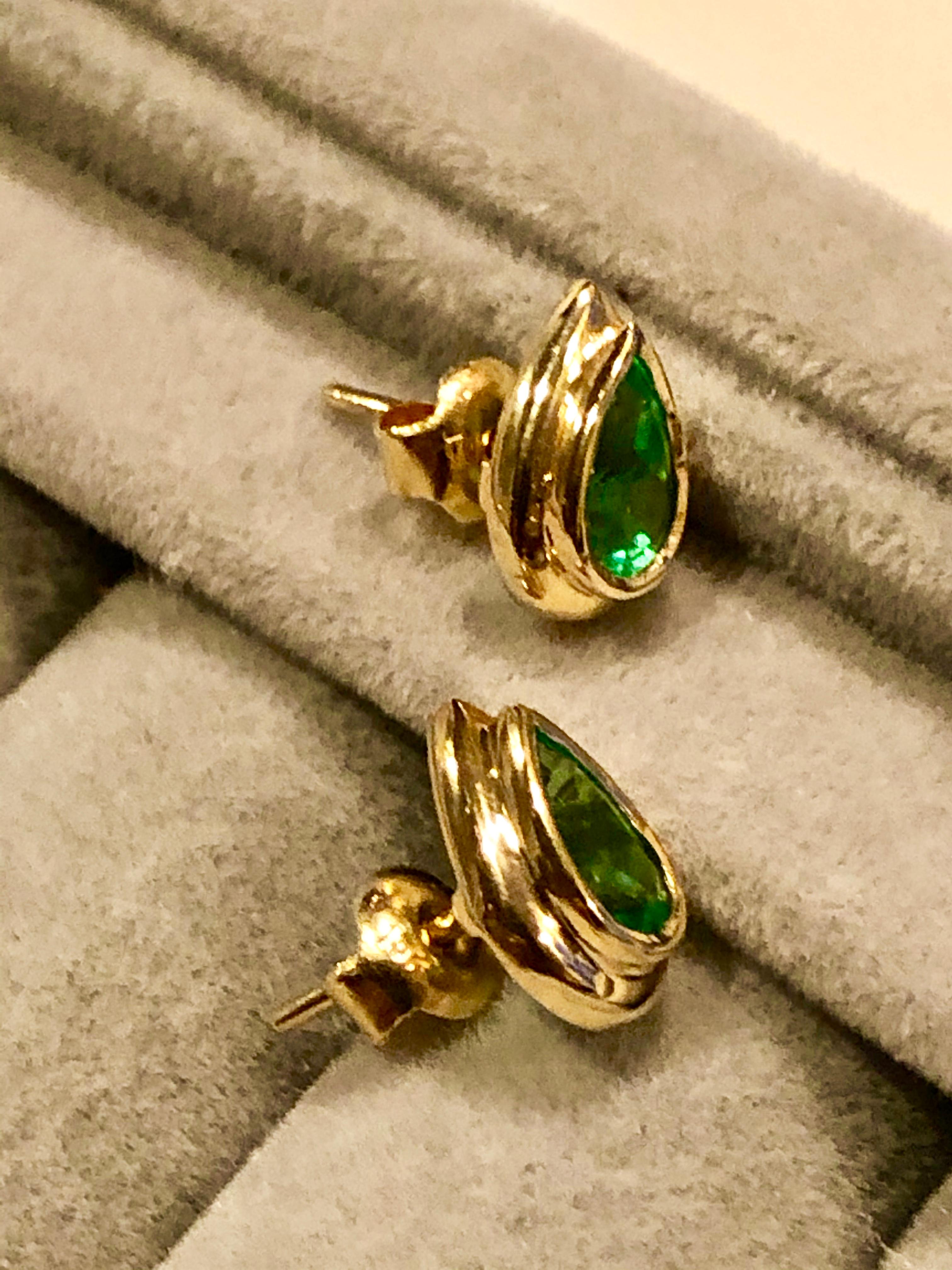 Emerald Dome Stud Pear Cut Earrings 18 Karat Gold 2