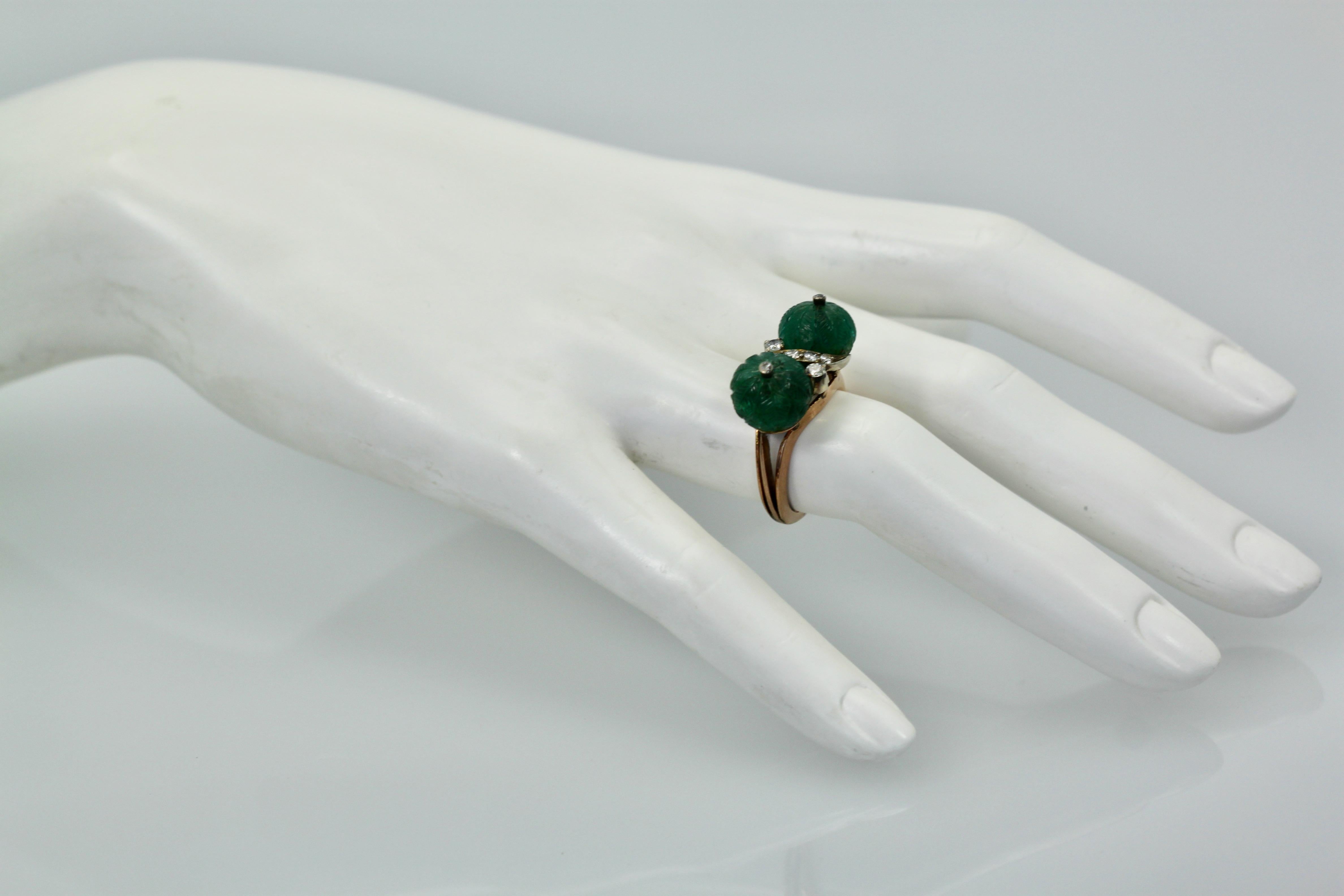 Artisan Emerald Double Carved Diamond Ring For Sale