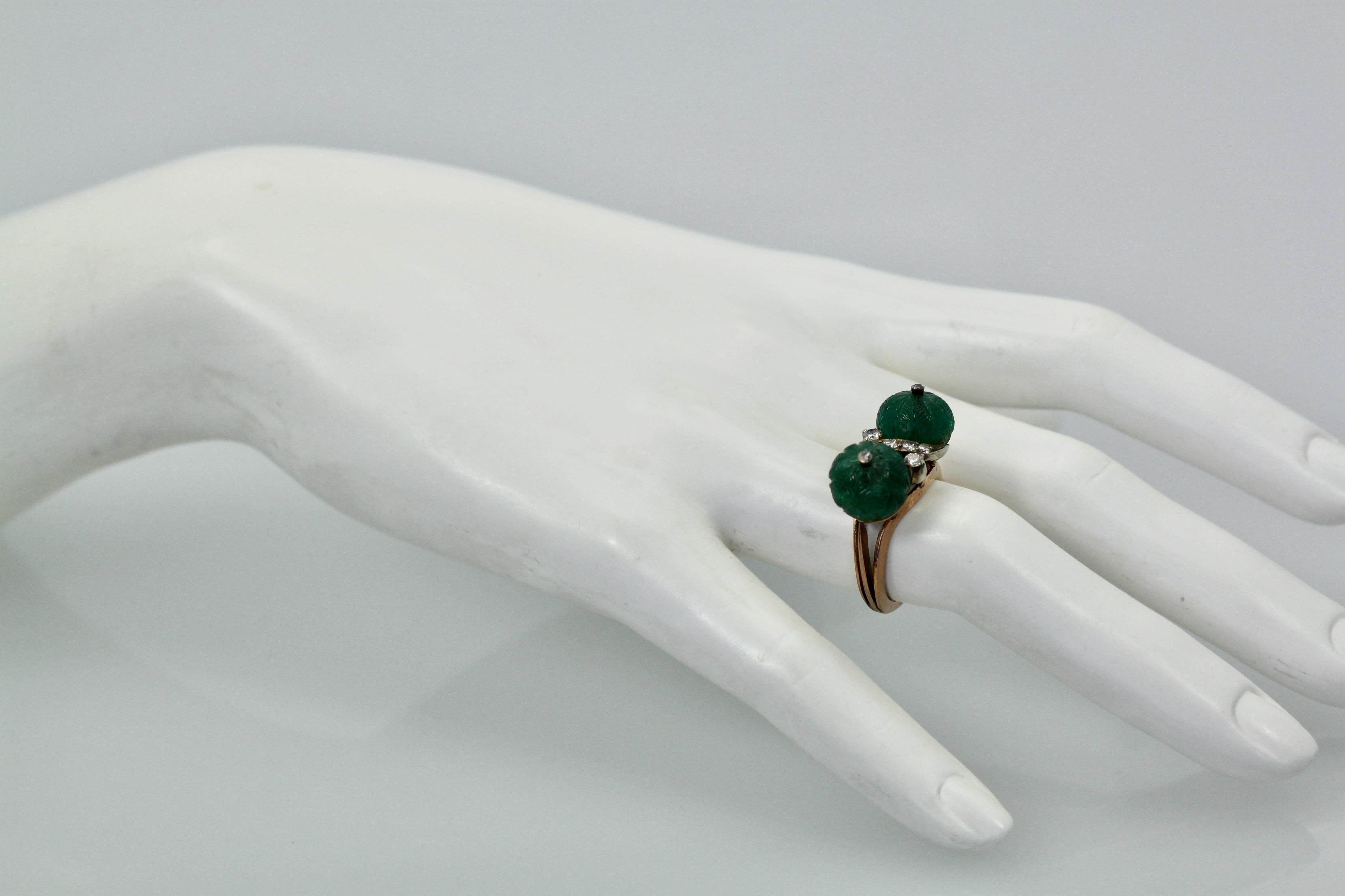 Women's Emerald Double Carved Diamond Ring For Sale