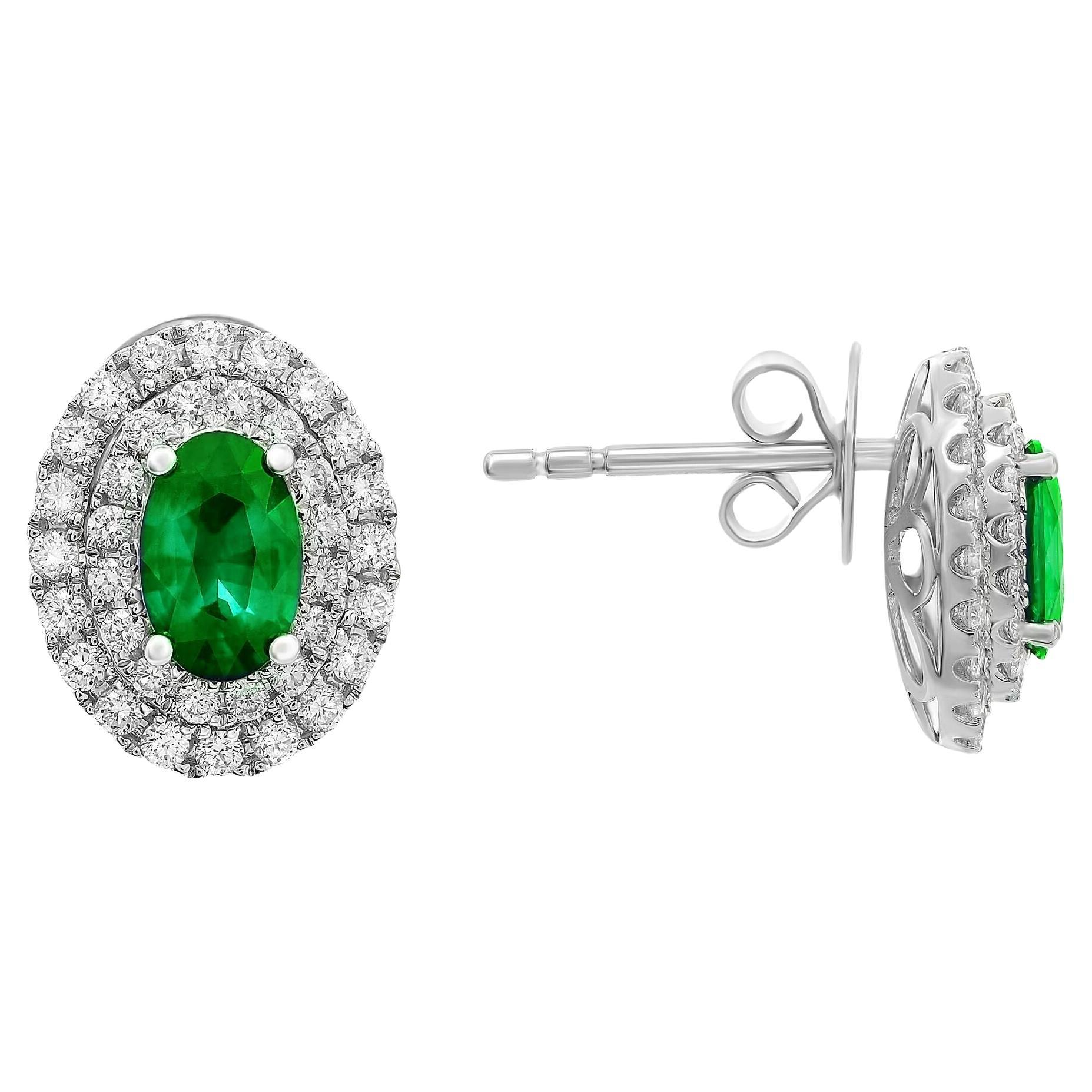 Emerald Double Halo Stud Earrings For Sale
