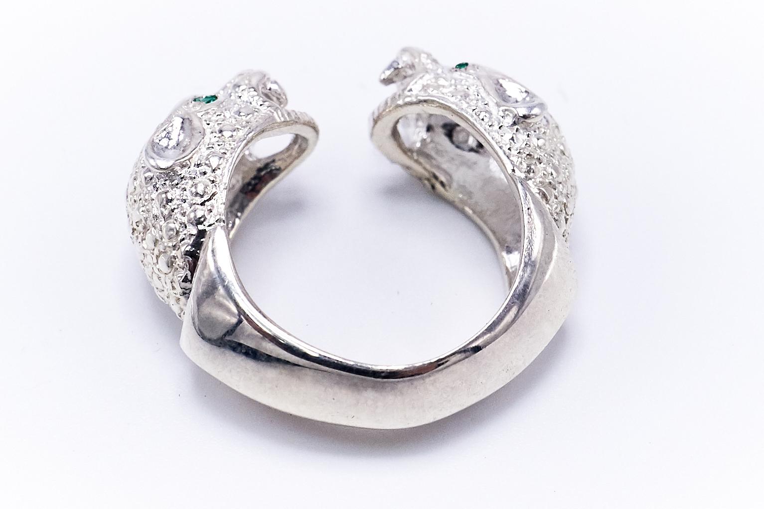 Brilliant Cut Emerald Double Head Jaguar Ring Sterling Silver Cocktail Statement J Dauphin For Sale