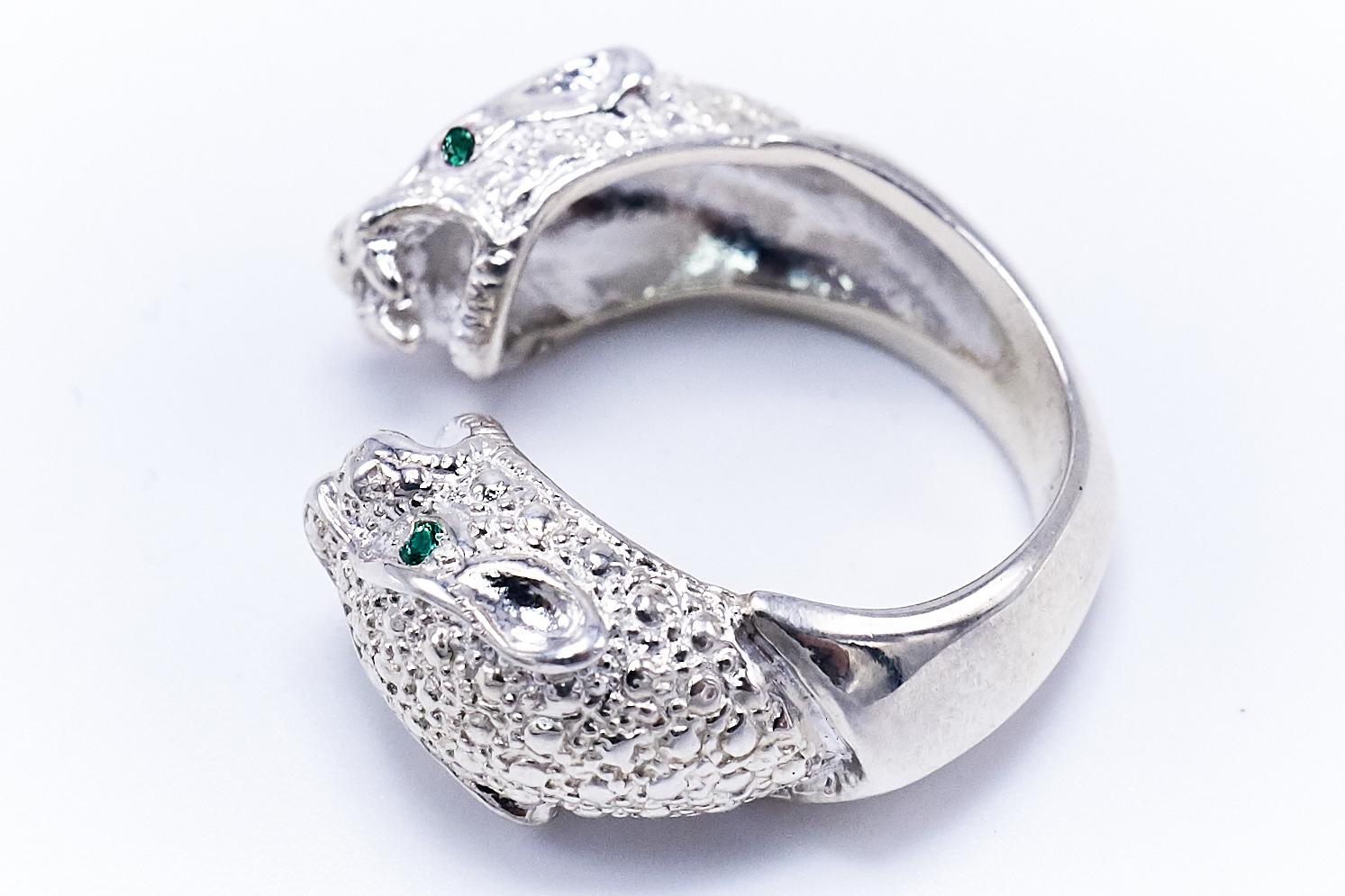 Brilliant Cut Emerald Double Head Jaguar Ring Sterling Silver Cocktail Statement J Dauphin For Sale