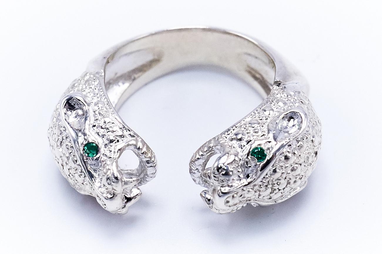Women's Emerald Double Head Jaguar Ring Sterling Silver Cocktail Statement J Dauphin For Sale