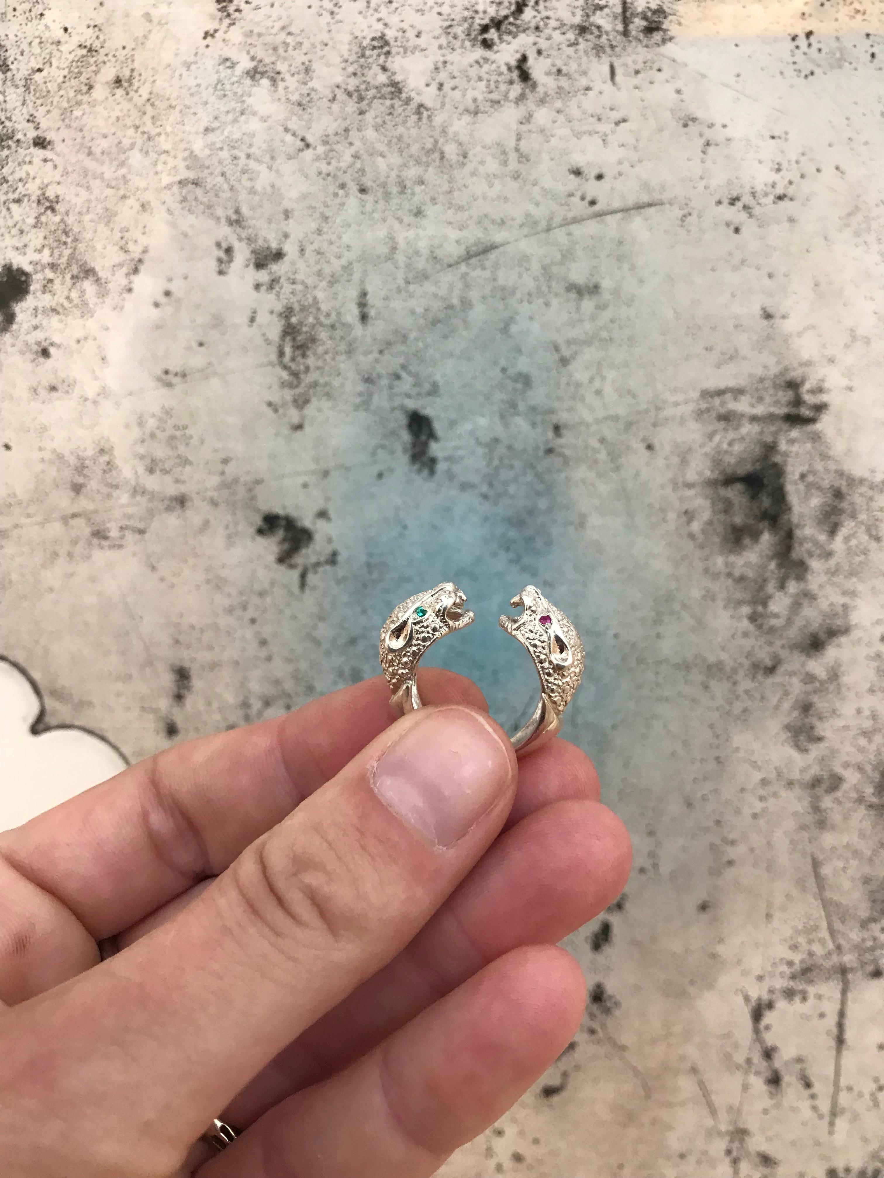 Emerald Double Head Jaguar Ring Sterling Silver Cocktail Statement J Dauphin For Sale 1