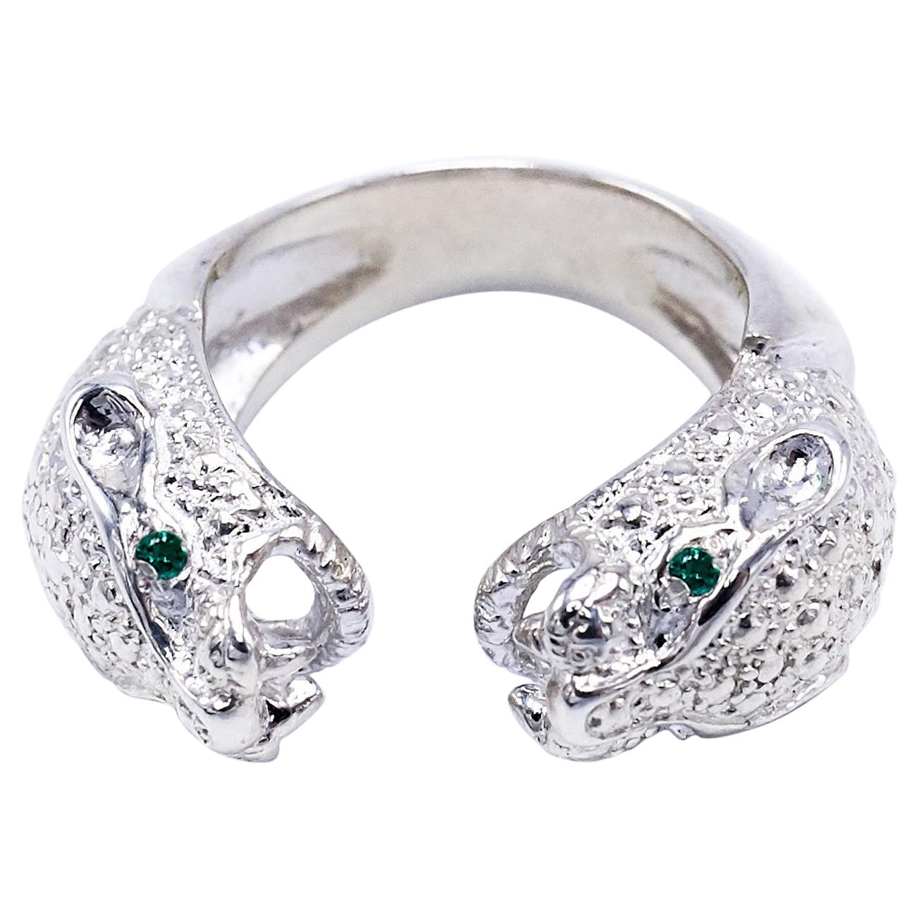 Emerald Double Head Jaguar Ring Sterling Silver Cocktail Statement J Dauphin For Sale