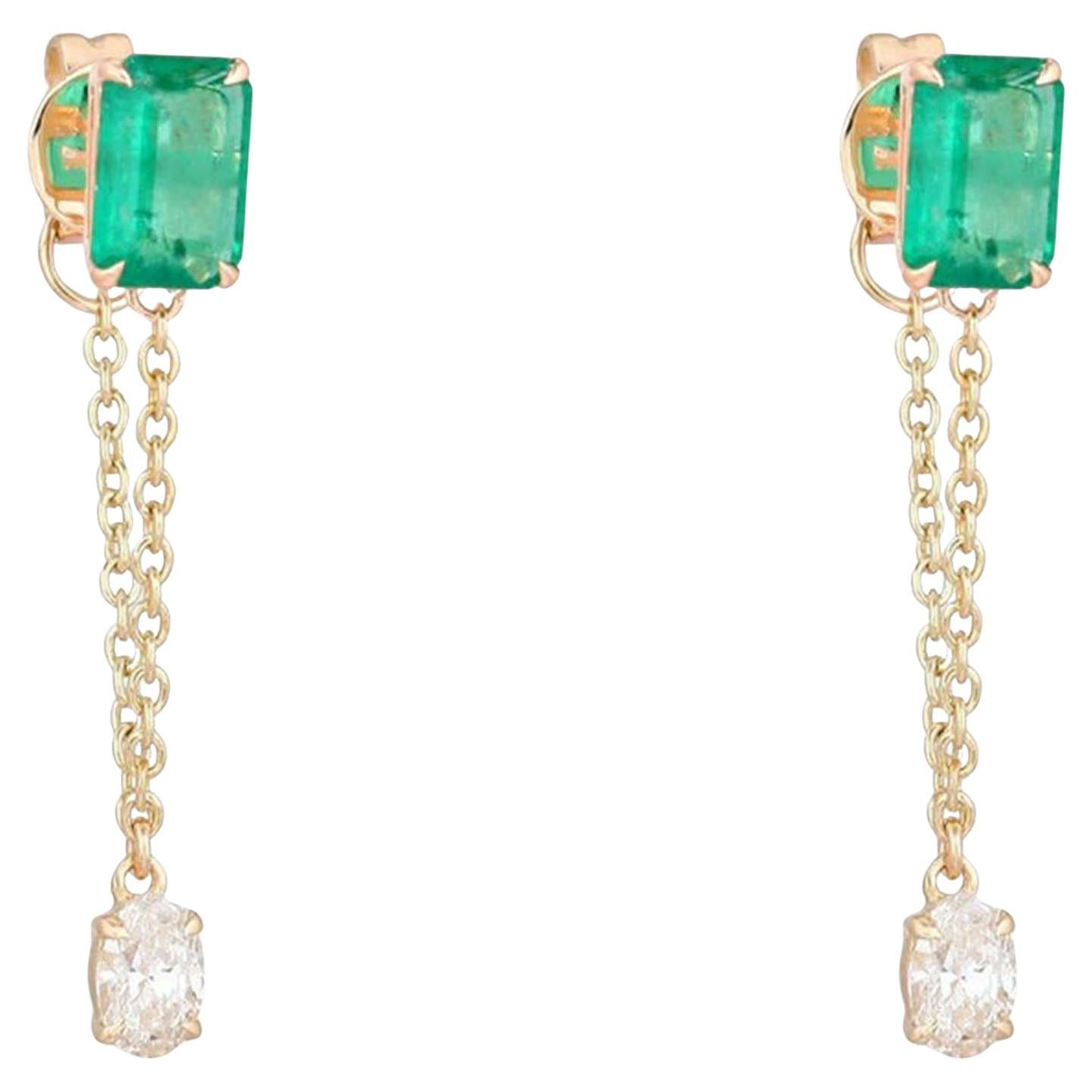 0.47ct Oval Diamond & Emerald Drop 14K Yellow Gold Chain Earrings
