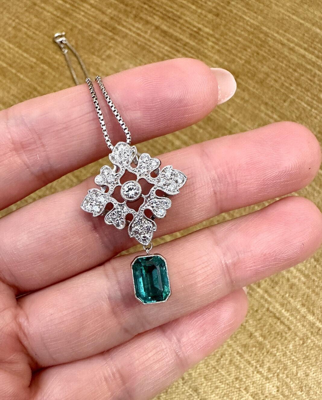Women's Emerald Drop and Diamond Pendant Necklace in Platinum For Sale