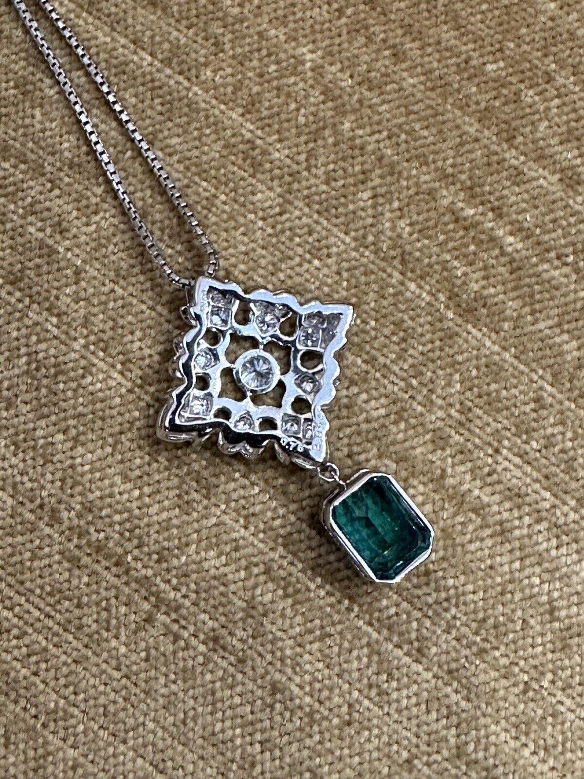 Emerald Drop and Diamond Pendant Necklace in Platinum For Sale 1