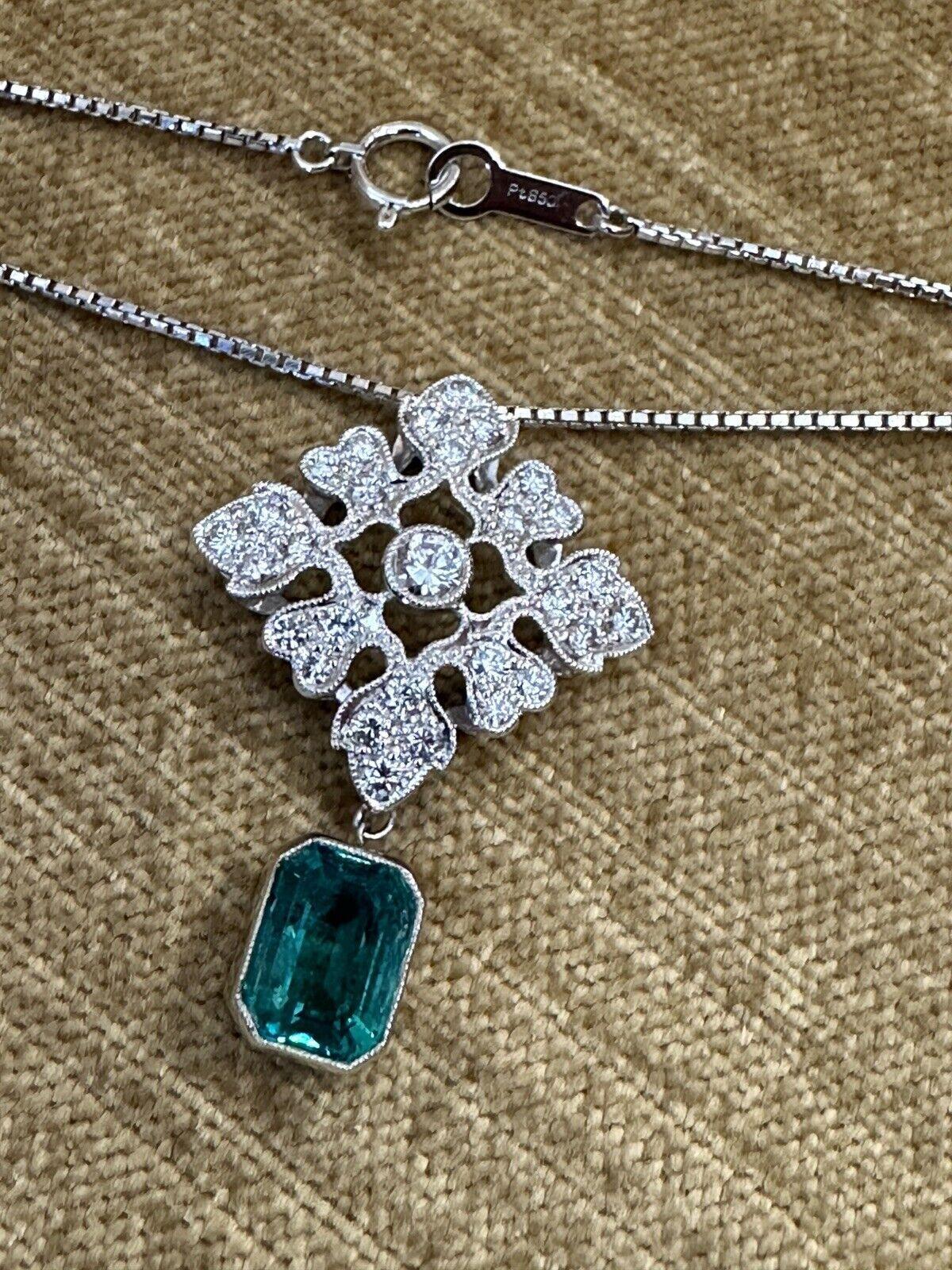 Emerald Drop and Diamond Pendant Necklace in Platinum For Sale 2